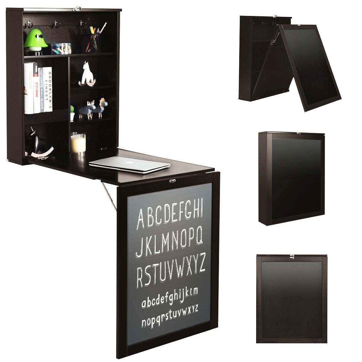 HPW Brown Wall Mounted Folding Table with Blackboard - Convertible Desk for Laptop, Study & Writing | Space Saving Kitchen Cabinet Organizer | Perfect for Small Apartments, Dorms & Home Offices