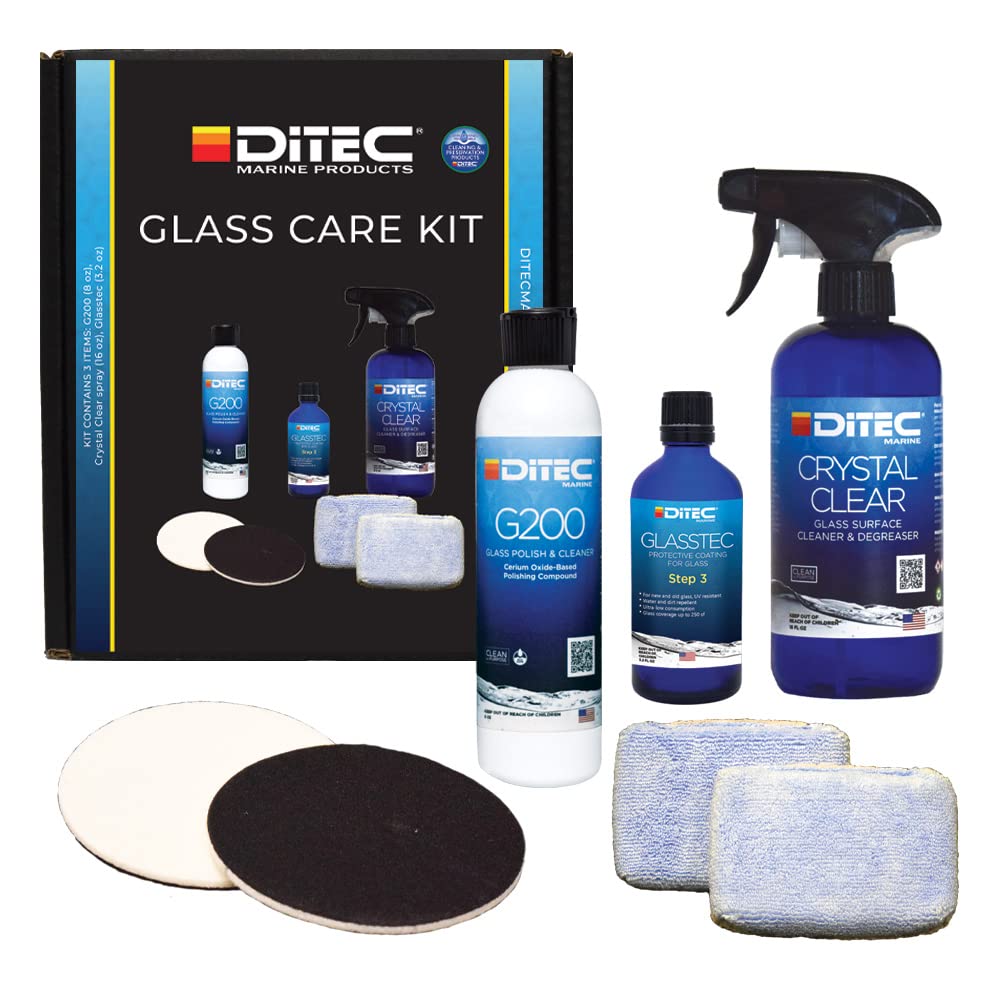 Premium Marine Glass Care Kit for Boats & Yachts – Water Spot Remover, Polish & Protectant – Restores Clarity for Windshields, Windows & Portholes – Ideal for Saltwater & Freshwater Use