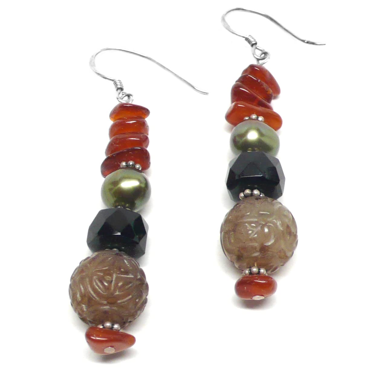 Handmade Brown Carved Serpentine Amber Sterling Silver Rustic Dangle Earrings for Women | Boho Chic Jewelry Gift for Birthday, Wedding & Everyday Wear
