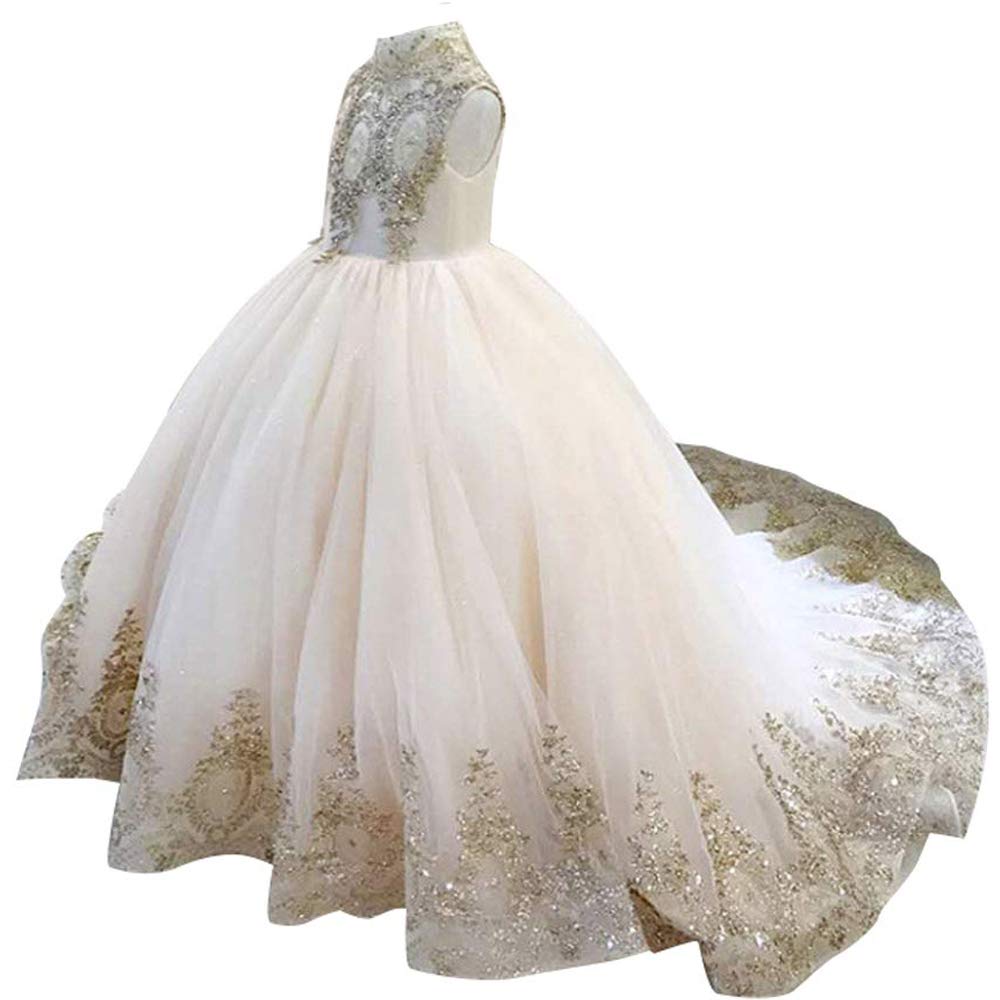 Elegant Gold Lace Flower Girl Dress - Long Puffy Tulle Ball Gown for Pageants, Prom & Special Occasions | Perfect for Weddings, Birthday Parties & Formal Events