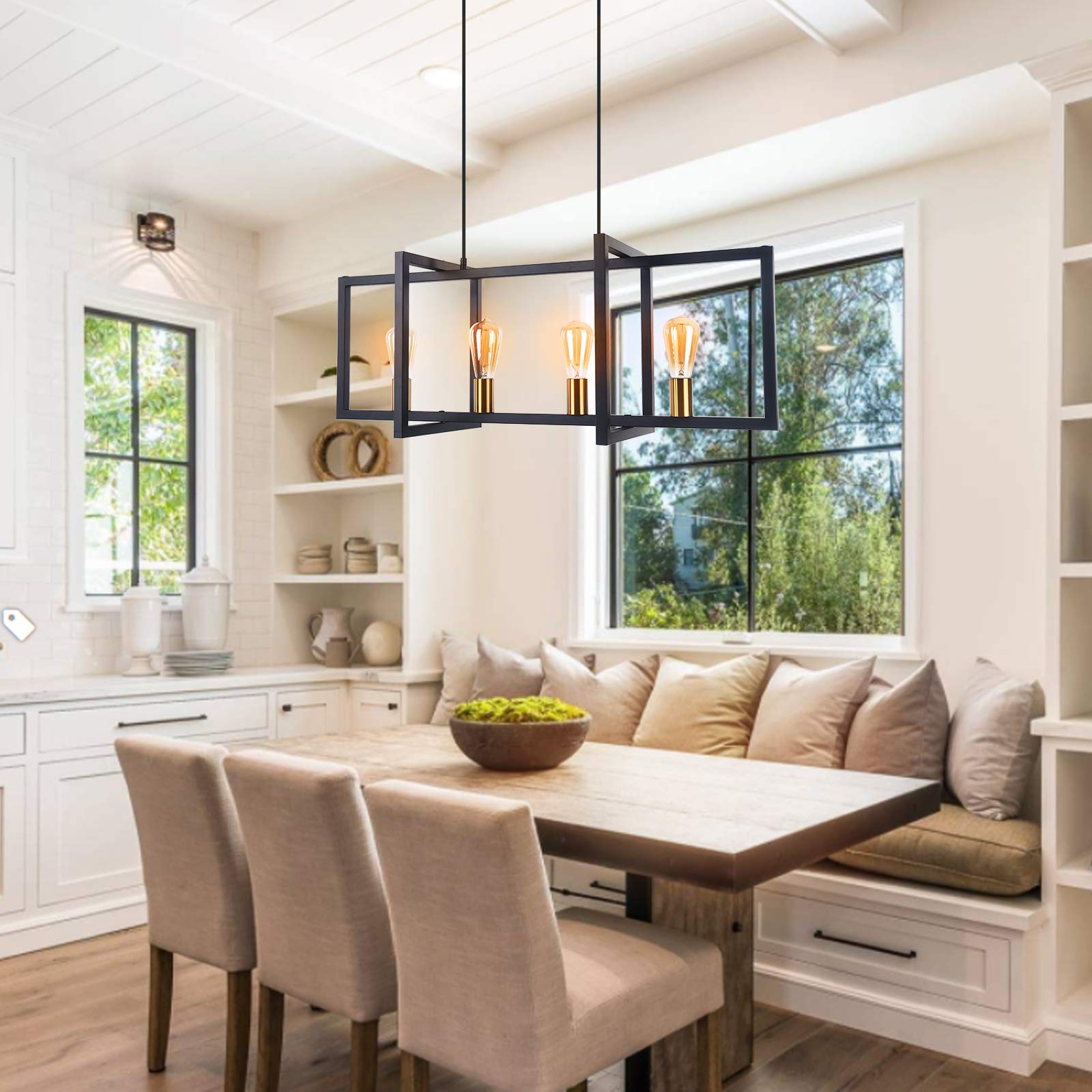 Modern 4-Light Industrial Pendant Lighting Fixture - Antique Brass Finish Linear Hanging Light for Kitchen Island, Dining Room & Bar Counter
