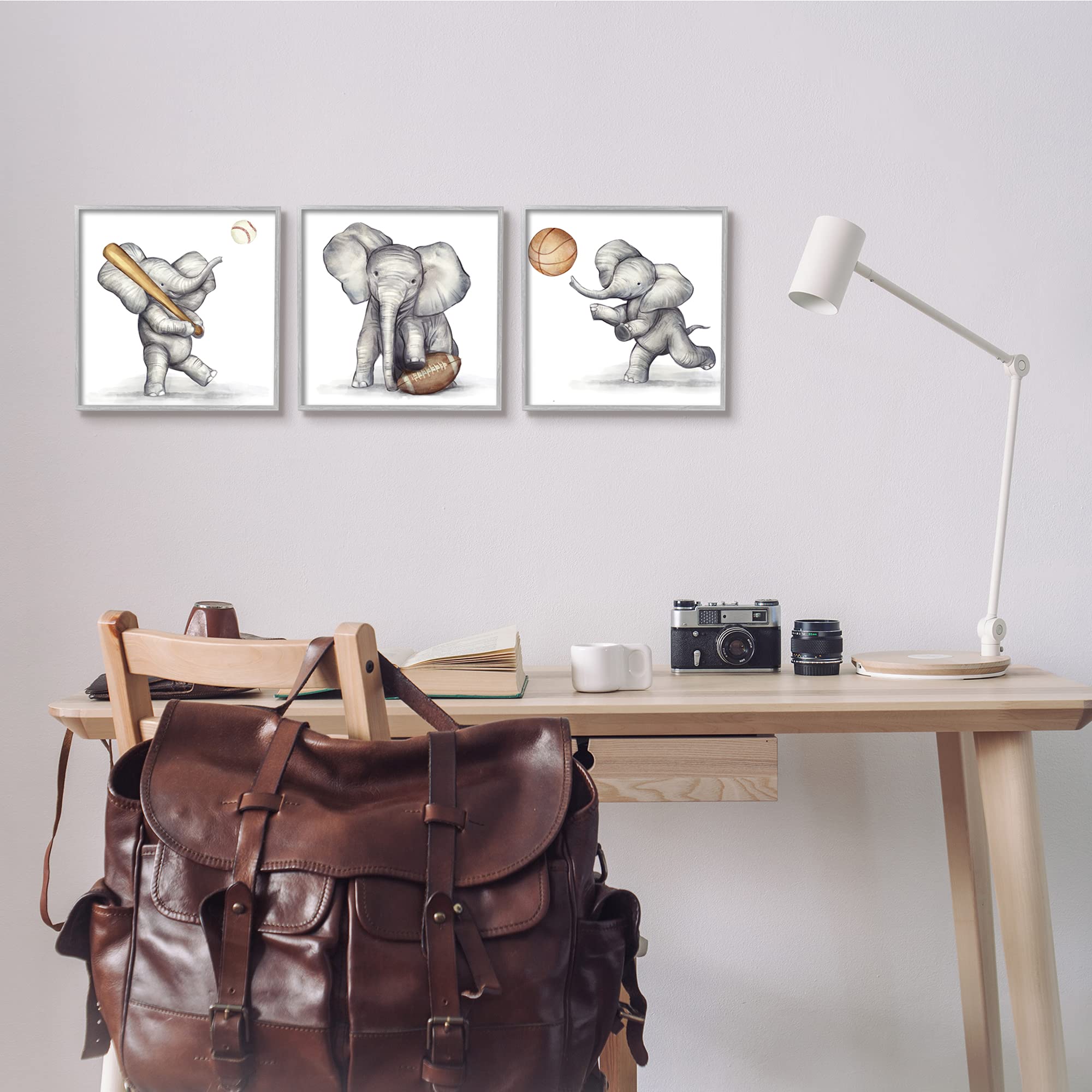Stupell Industries 3-Piece Gray Framed Wall Art - Baby Elephant Athlete Playing Basketball, Baseball & Football, Designed by Ziwei Li, 12