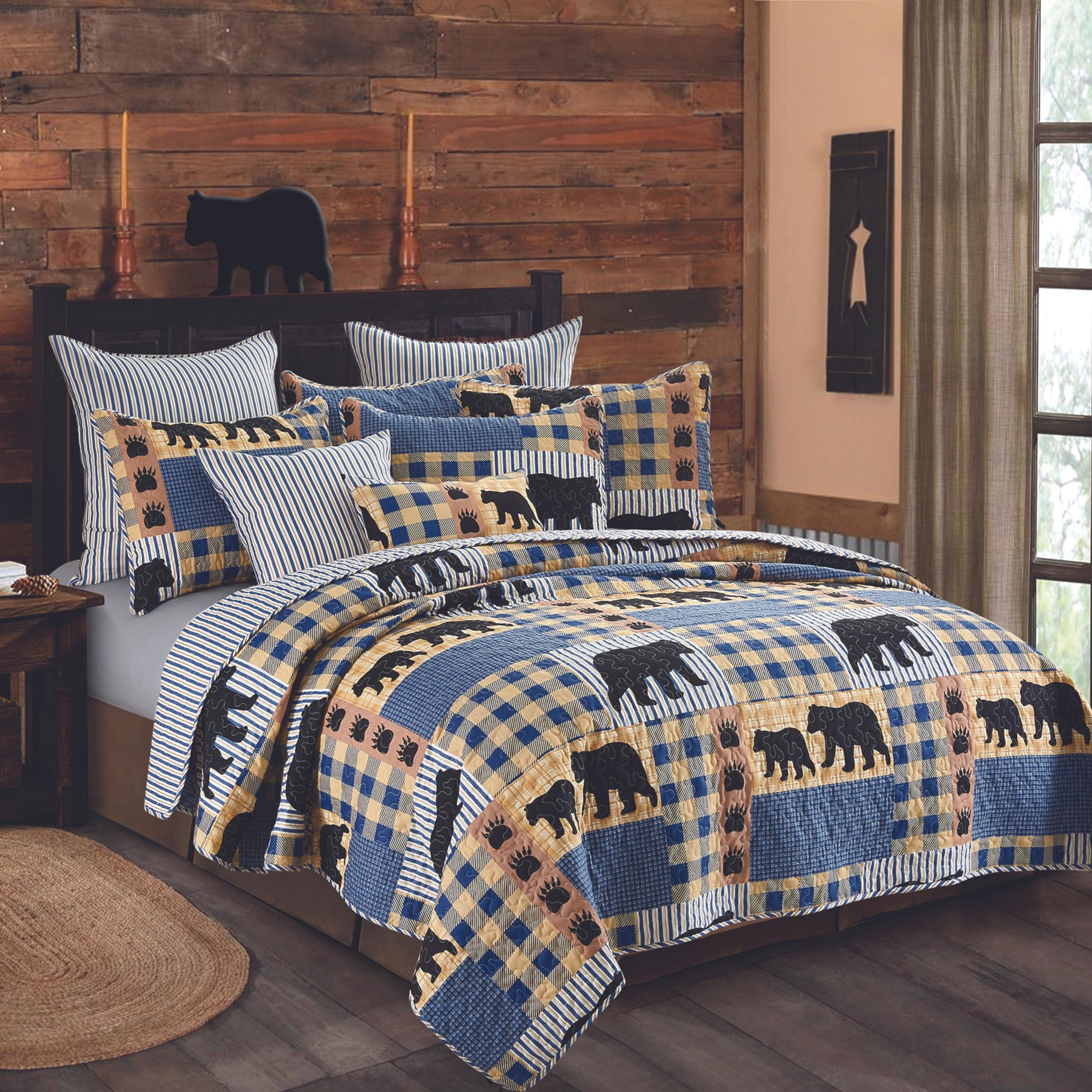 Virah Bella 3-Piece Queen Lodge Quilt Bedding Set - Black Bear Plaid Pattern - Rustic Cabin Reversible Comforter with Decorative Pillow Shams (Blue/Black) | Perfect for Country Homes, Hunting Cabins & Cozy Camping Retreats