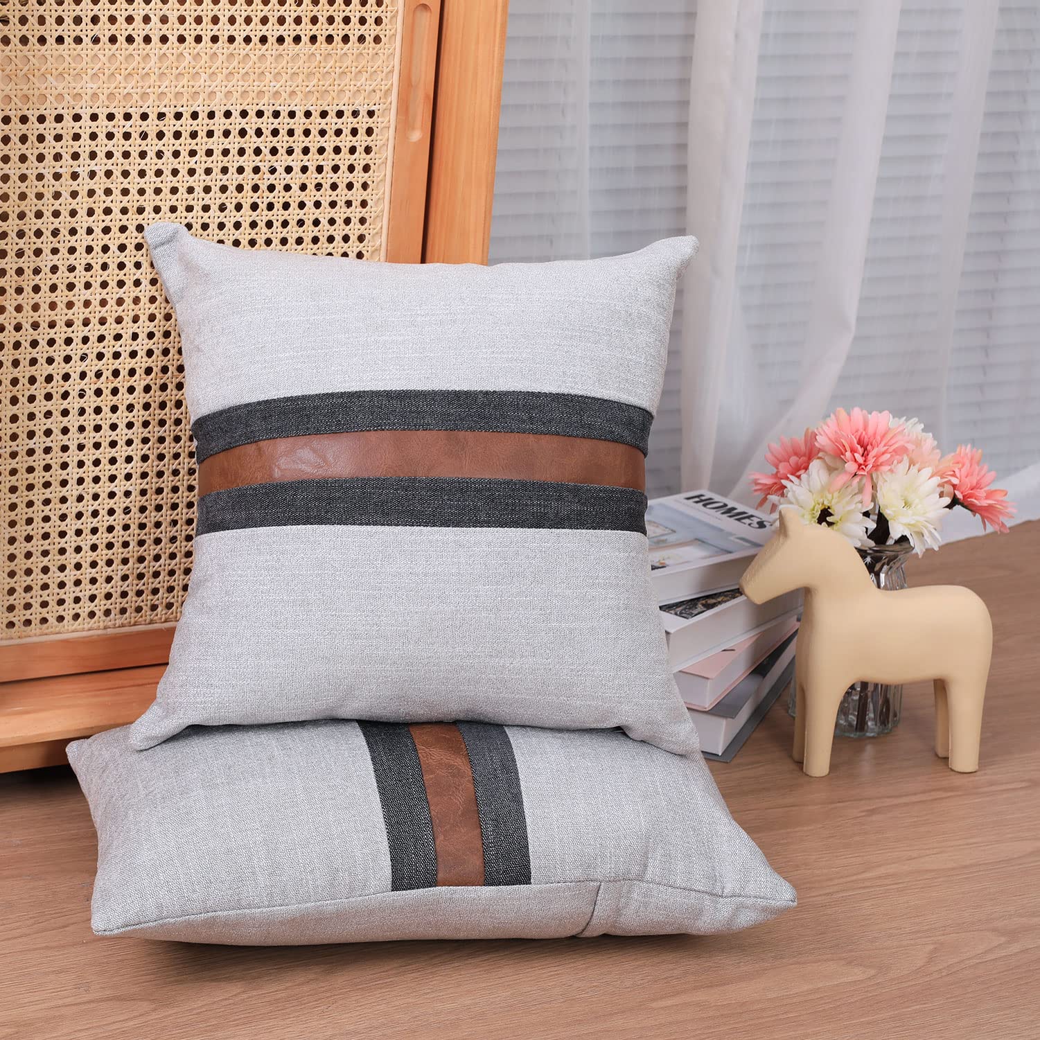 BOYSUM 20x20 Inch Faux Leather Farmhouse Decorative Throw Pillow Covers - Brown & Grey Modern Accent Pillows for Outdoor, Couch, Sofa & Bed - Waterproof & Durable Home Decor for Patio, Living Room & Bedroom