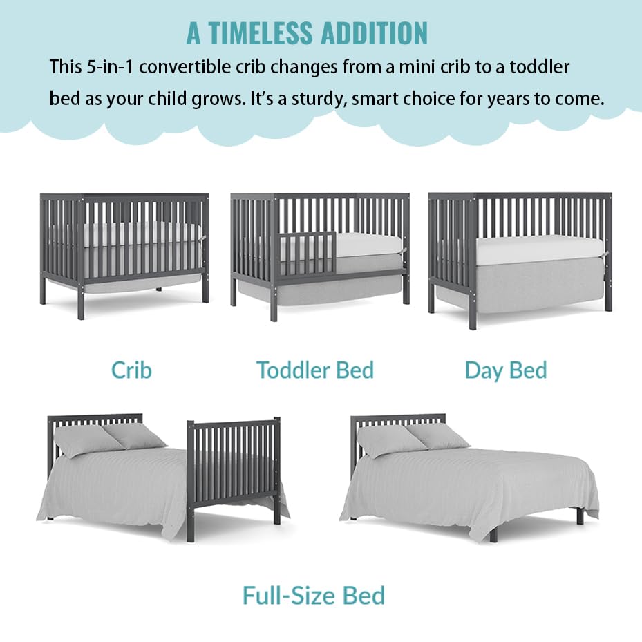 5-in-1 Convertible Baby Crib - Mini Crib to Toddler Bed for Small Spaces (Gray)