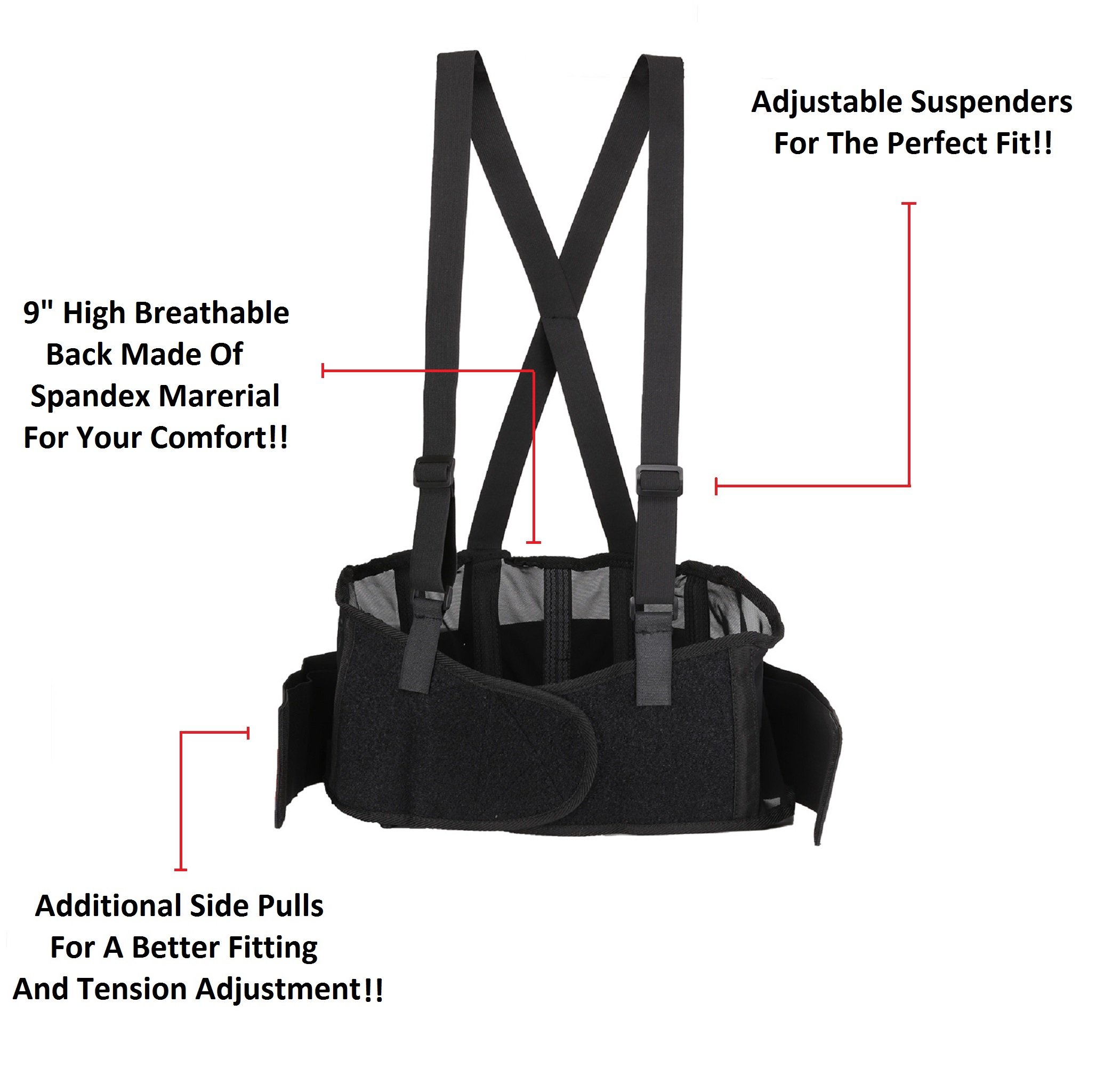 Adjustable Back Brace Lumbar Support with Breathable Spandex Panel & Hook Loop Fastener - Posture Corrector for Office Work, Weightlifting & Back Pain Relief