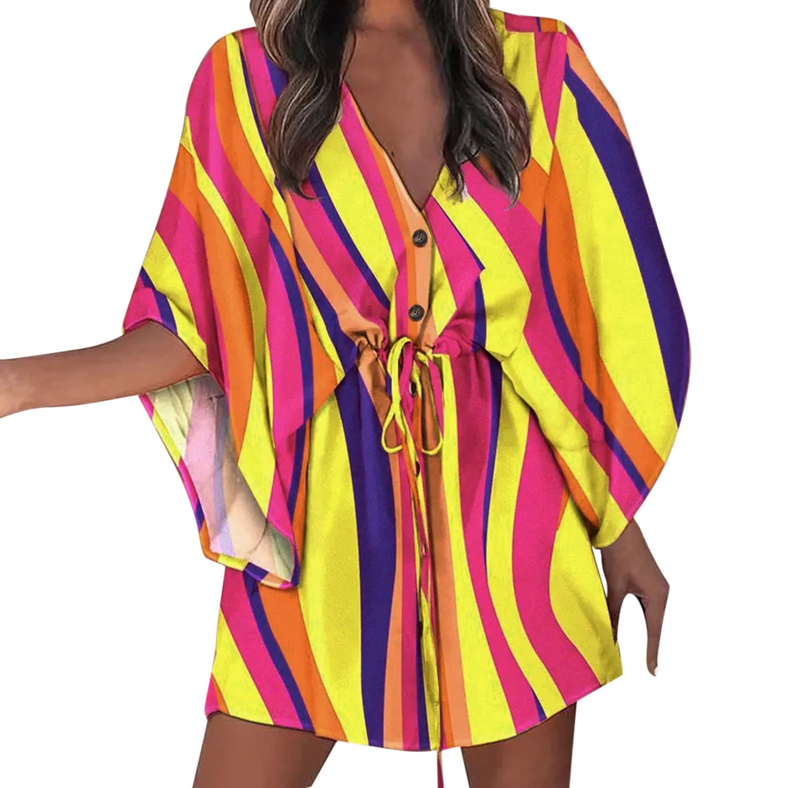 Floral V-Neck Knot Front A-Line Short Dress for Women - Loose Ruffled Beach Dress (Multicolor, Size L) | Perfect for Summer Vacations, Beach Parties & Casual Outings