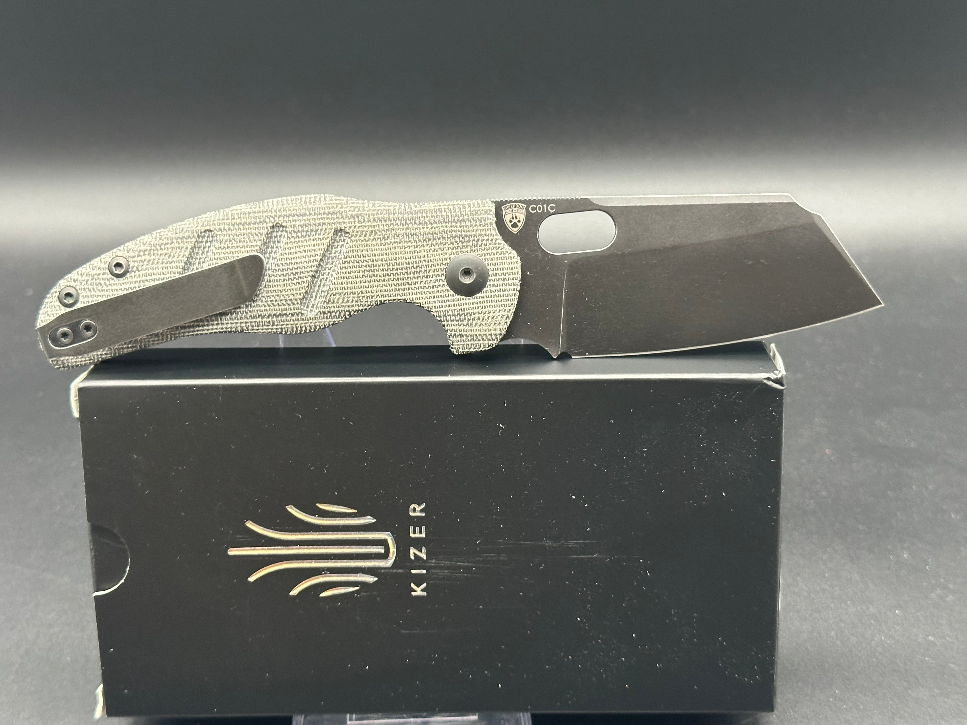 KIZER C01C Sheepdog Pocket Knife - 154CM BlackWash Blade, Button Lock, Micarta Handle (V4488BC1) | EDC Folding Knife for Outdoor, Camping & Everyday Carry