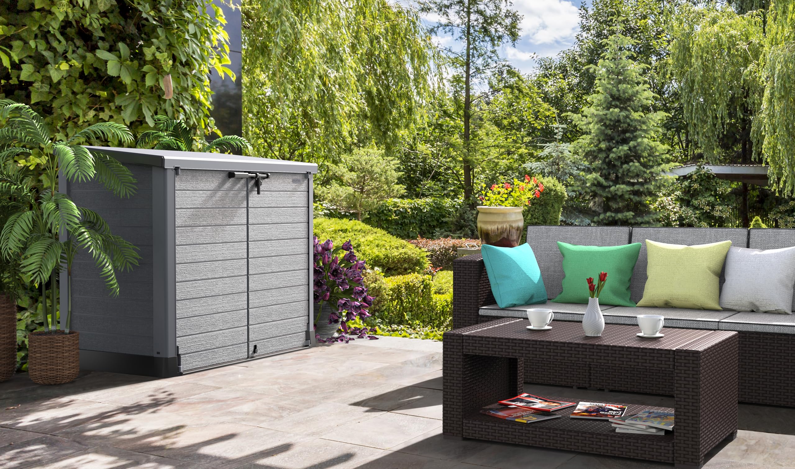 Duramax Cedargrain 1200L Plastic Outdoor Storage Shed with Flat Lid – Heavy-Duty Garden Shed for Bikes, Tools, BBQs & 2X 240L Bins – Weather-Resistant Grey Storage Unit (145x85x125 cm) – Perfect for Backyard, Patio & Garage Organization