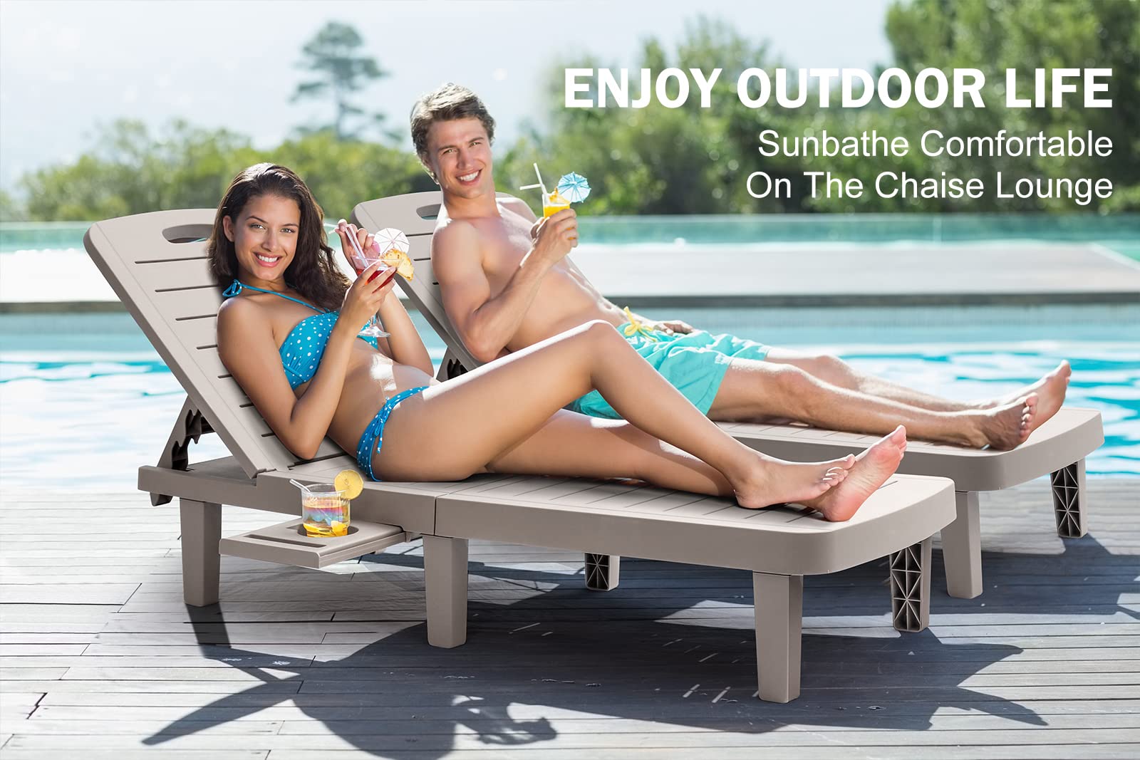 **Outdoor Chaise Lounge Chair - Waterproof Resin Adjustable 5-Position Sun Lounger with Cup Holder for Patio, Poolside, Beach & Yard - All-Weather Grey (1PCS) - Perfect for Relaxing, Sunbathing & Lounging**