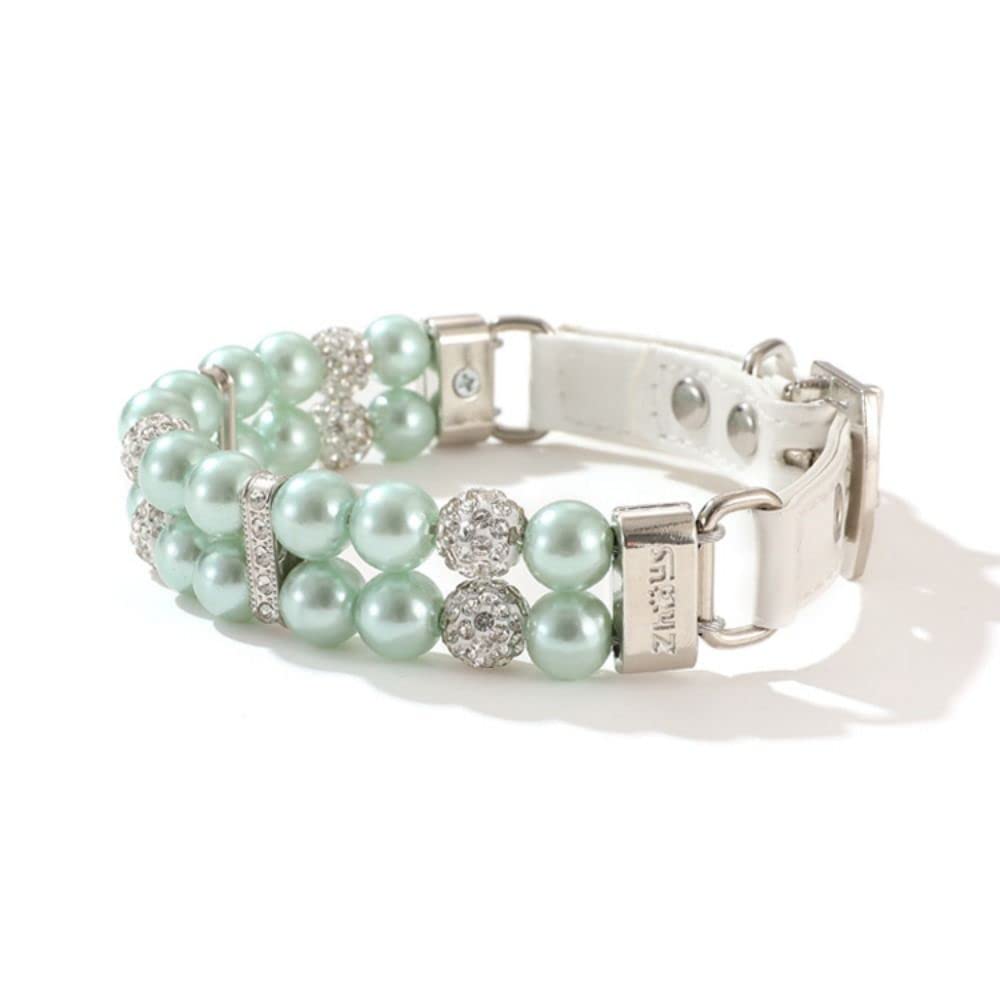 Elegant Adjustable Cat & Dog Collar with Artificial Pearls & Rhinestones - Stylish Pet Choker for Small Pets (Size S, Green) - Perfect for Parties, Photos & Special Occasions