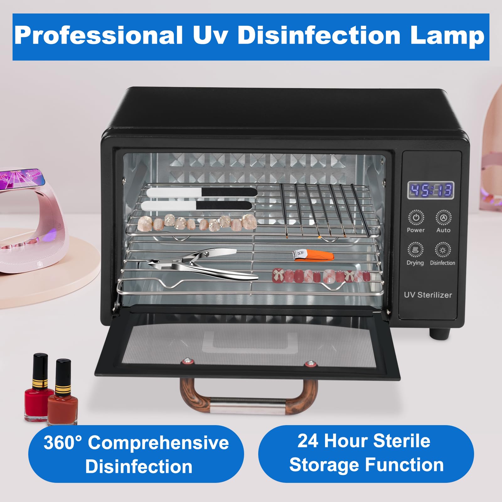 10L UV & Hot Air Nail Tool Sterilizer - 167℉ Adjustable Temperature with LED Display, 3-Tier Design for Salon, Spa & Home Use - Perfect for Sanitizing Nail Files, Clippers & Beauty Tools (Black)