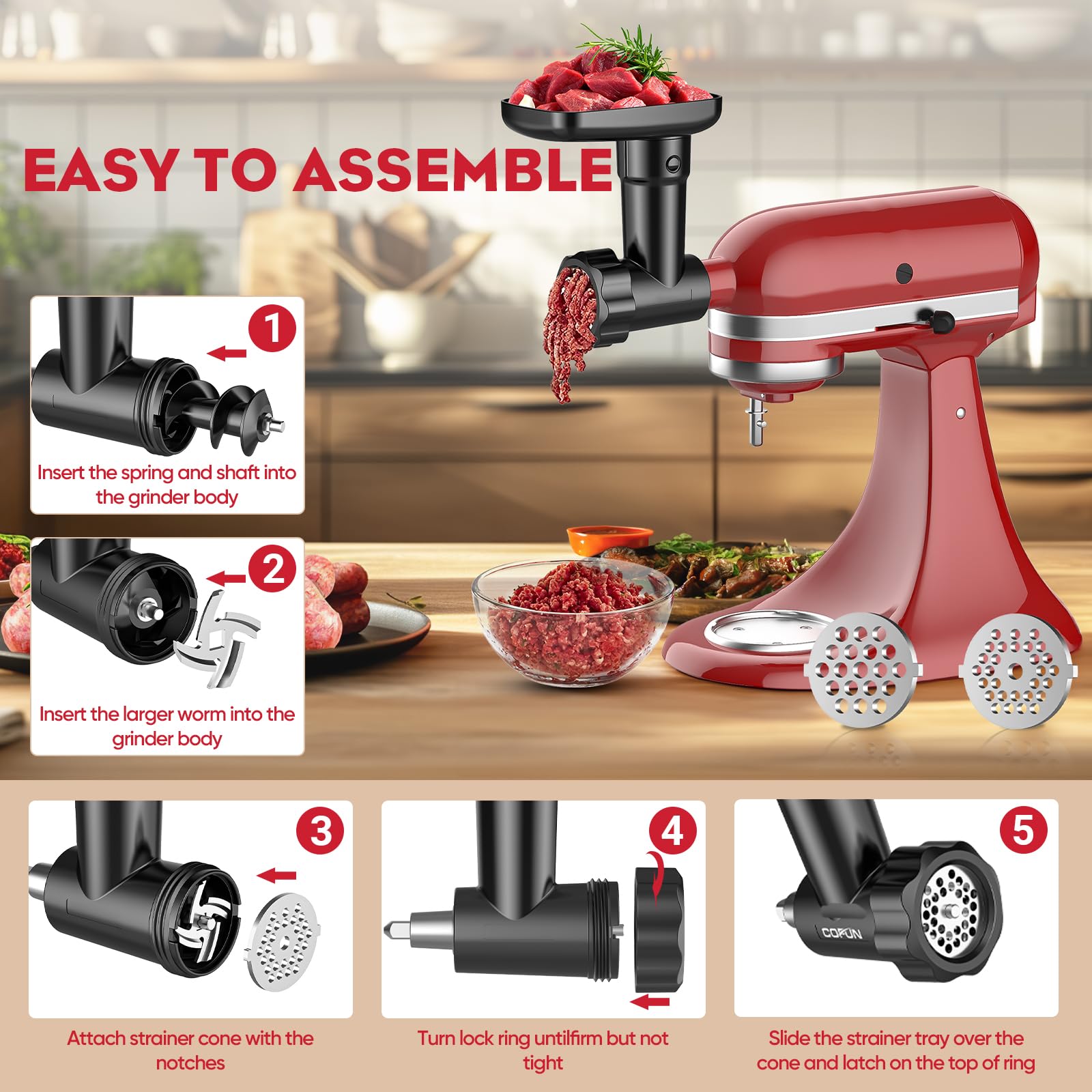 HOZODO KitchenAid Stand Mixer Fruit & Vegetable Strainer Attachment with Food Grinder, Sausage Stuffer Tubes & Juicer Auger - Perfect for Homemade Jams, Baby Food & Fresh Juices