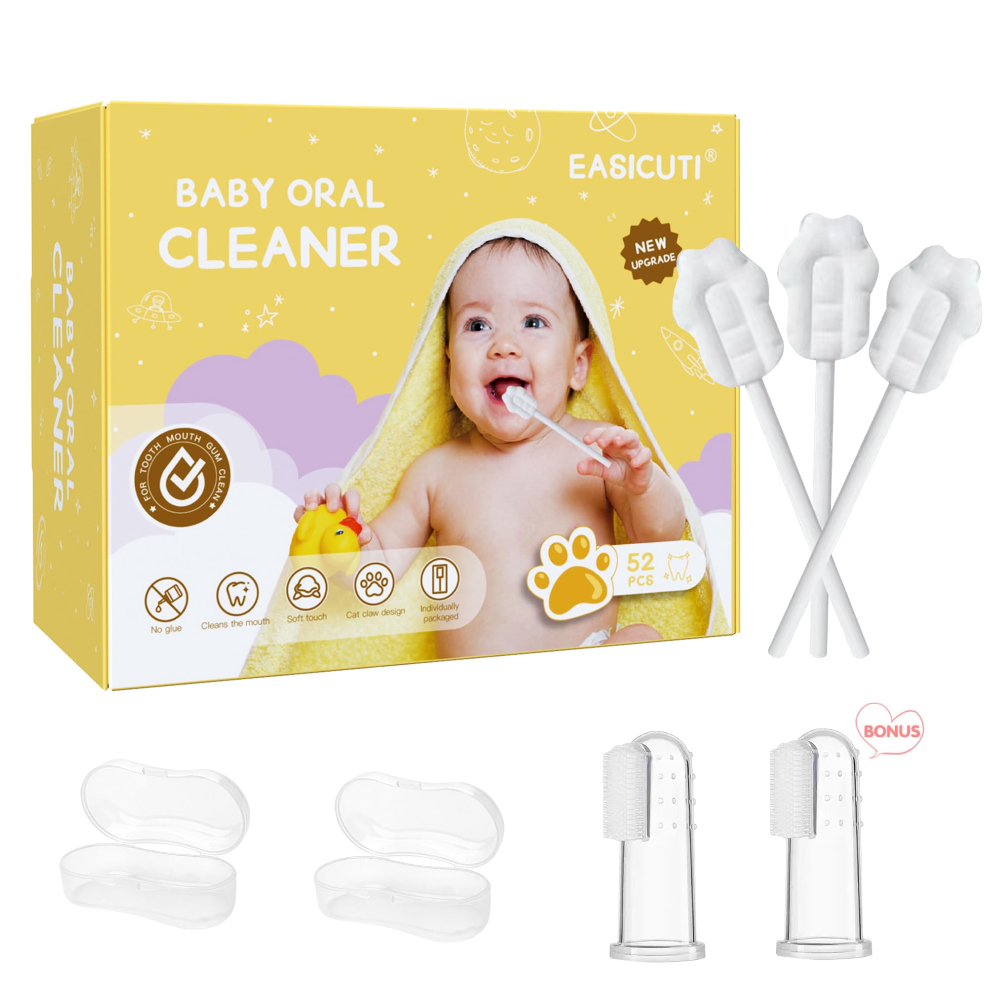 EASICUTI 52PCS Baby Tongue Cleaner & Toothbrush Set for Newborns 0-36 Months - Disposable Infant Oral Care Kit with Gum Cleaner Stick & 2 Finger Toothbrushes - Perfect for Daily Baby Dental Hygiene at Home or Travel