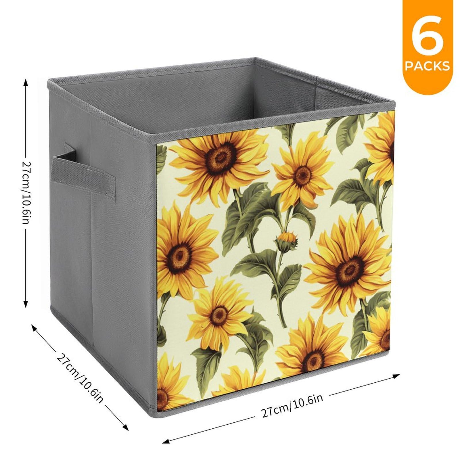 6-Piece Collapsible Storage Bins with Handles - Summer Sunflower Printed Foldable Storage Boxes for Home Organization, Shelves, Closet & Pantry | Space-Saving Home Decor & Multipurpose Storage Solution
