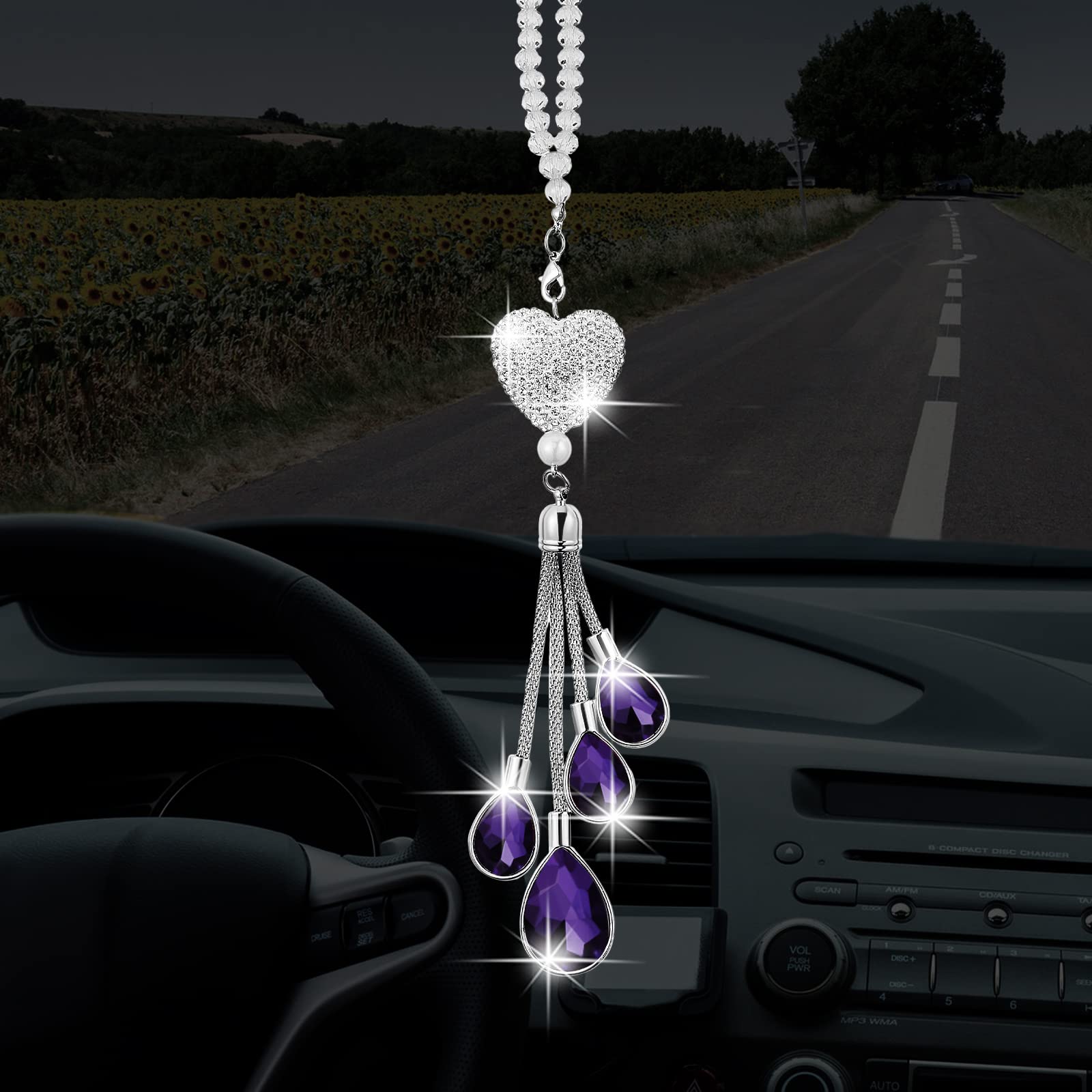 Frienda Bling Heart Diamond Car Charm - Purple Crystal Rear View Mirror Hanging Ornament for Women, 9.8 Inch Car Accessory & Lucky Gift for Female Drivers | Perfect for Birthday, Christmas & Car Decoration