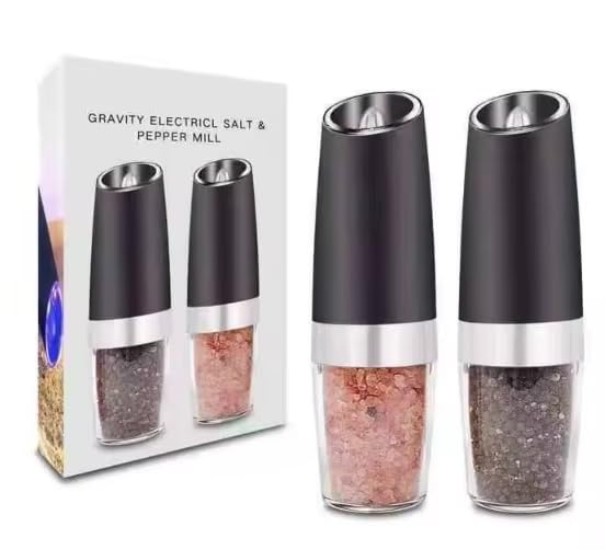 Premium Electric Salt and Pepper Grinder Set - Automatic Gravity Sensor Mill with Adjustable Coarseness & Blue LED Light - One-Hand Operation Battery-Powered (2-Pack Black) - Perfect for Kitchen, Dining Table & Outdoor BBQ