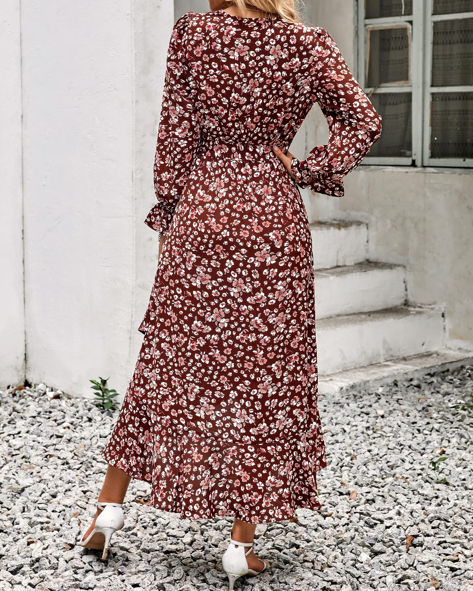 BTFBM Women's Floral V-Neck Long Sleeve Boho Dress - High Waist Ruffle Summer Wedding Guest Dress for Spring/Summer 2025 | Perfect for Garden Parties, Bridal Showers & Formal Events