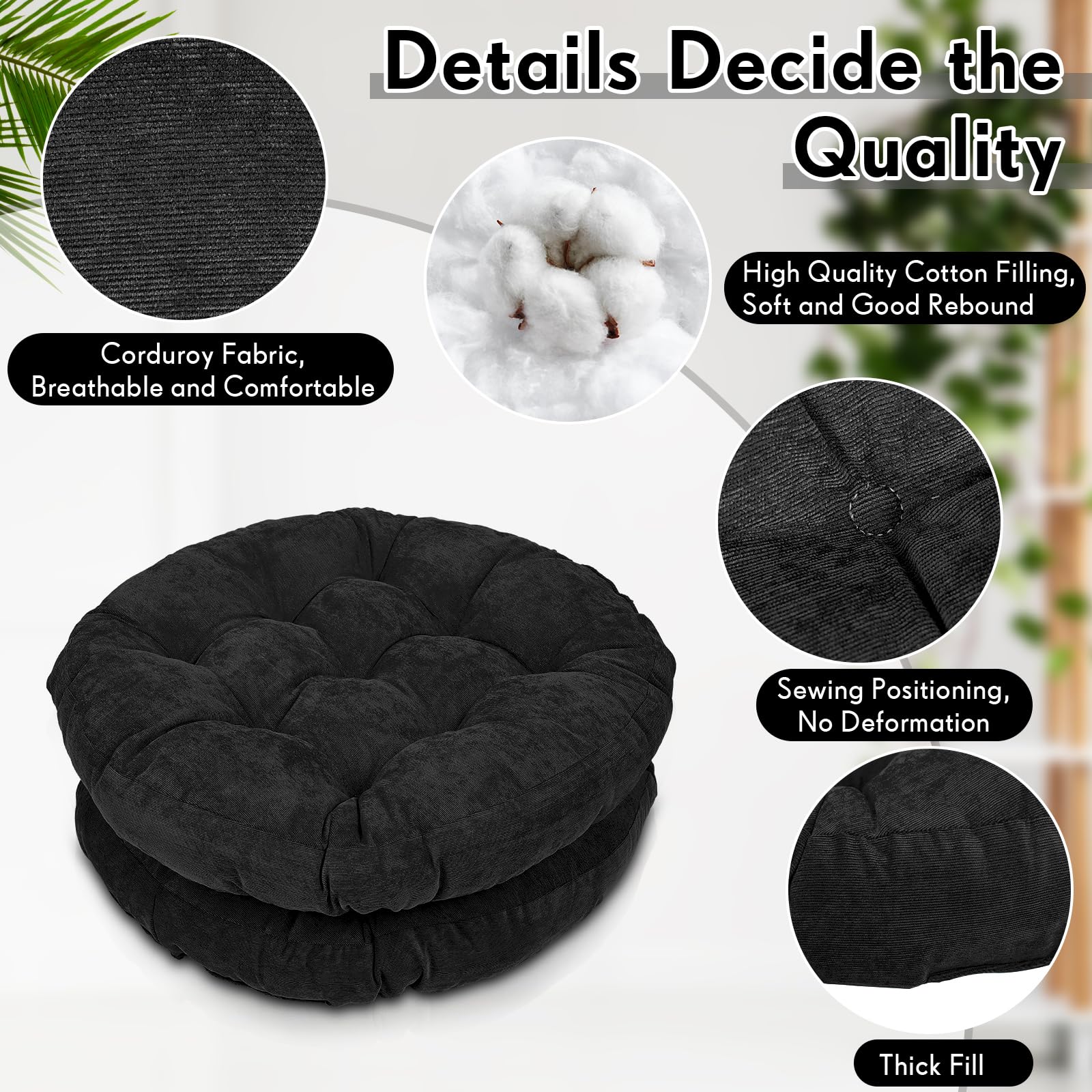 Jerify 22x22 Inch Round Floor Pillows - Large Meditation Cushions for Adults & Kids, Soft Floor Seating Pillows for Yoga, Reading, or Relaxation, Perfect Christmas Gift (Black, 6-Pack) - Ideal for Living Rooms, Bedrooms, and Meditation Spaces