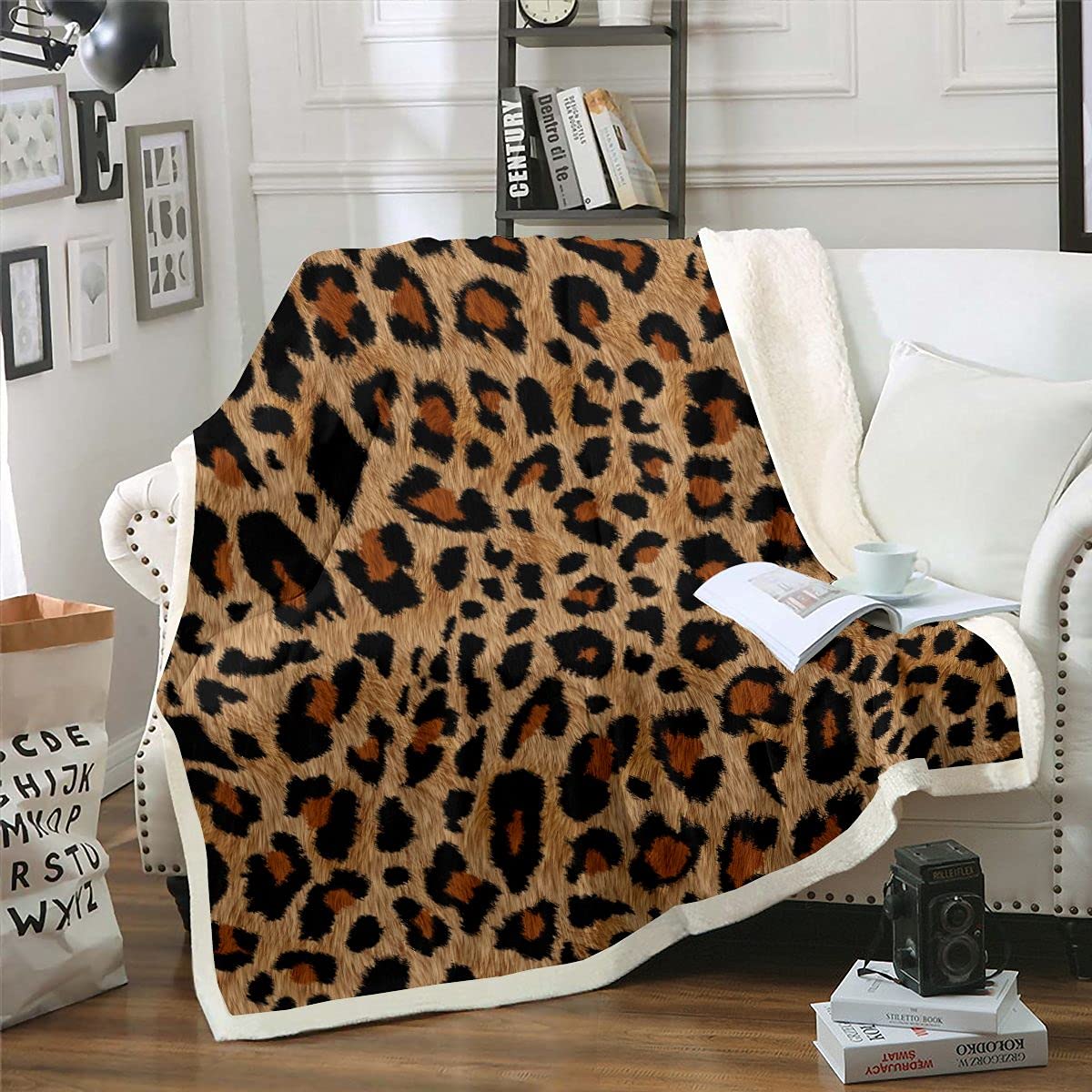 Erosebridal Leopard Print Sherpa Fleece Blanket - Brown Black Cheetah Pattern Cozy Throw for Kids, Women & Adults - 90