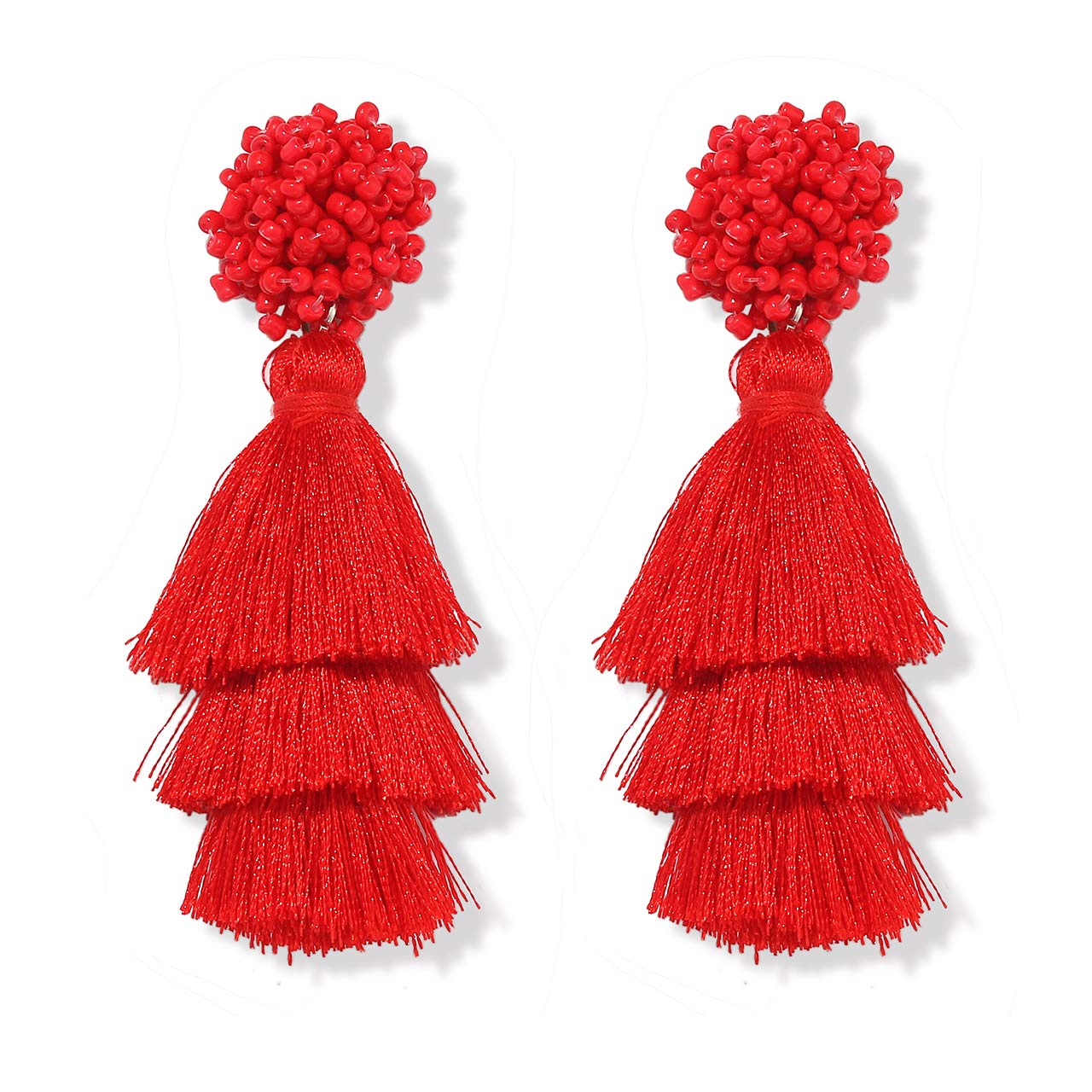Bohemian Layered Tassel Earrings for Women - Lightweight Colorful Beaded Drop Dangle Earrings with Long Fringe Threads - Perfect Statement Jewelry Gift for Parties, Weddings and Everyday Wear