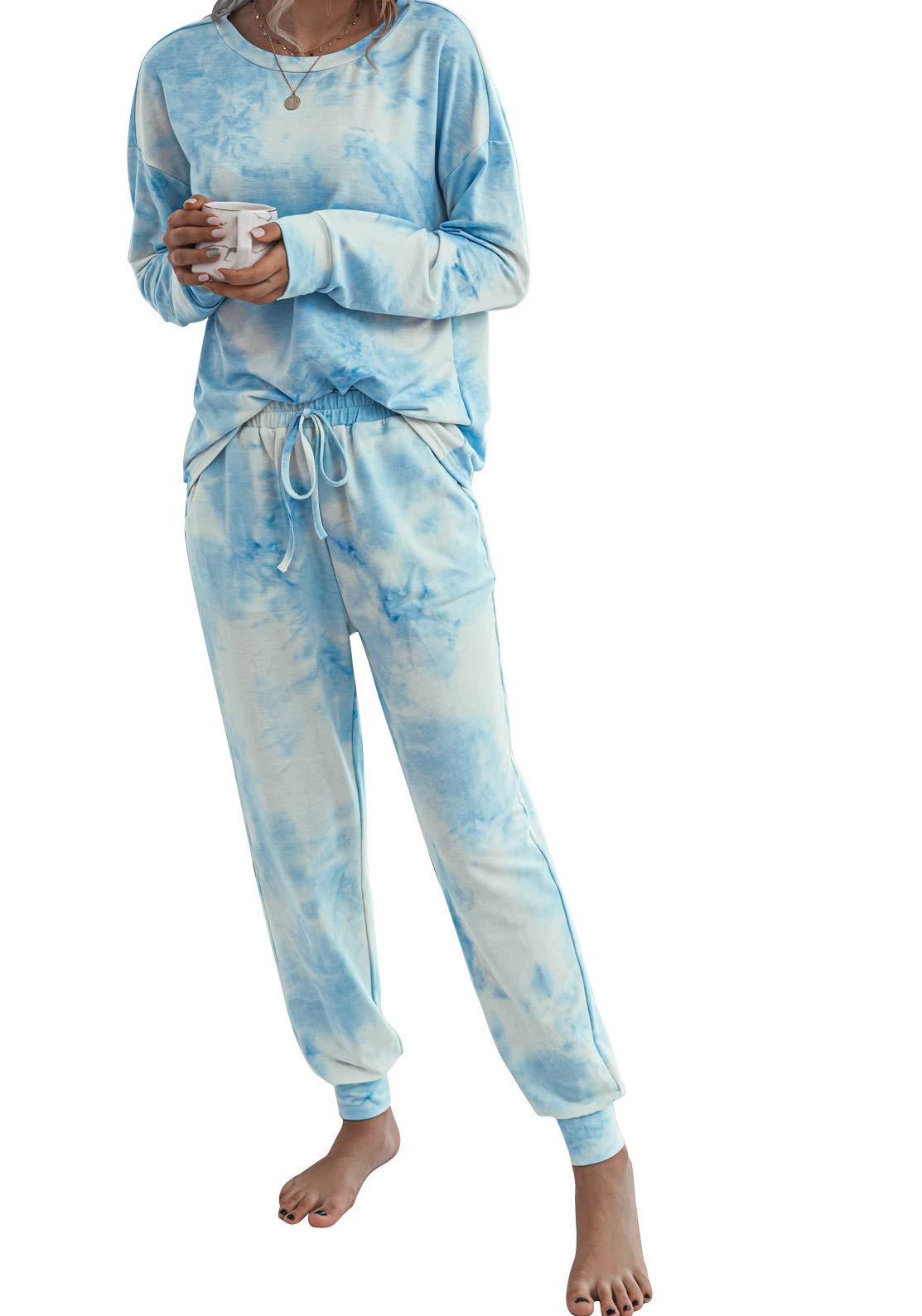 Tie Dye Pajama Set for Women - Long Sleeve Sweatshirt & Pants Lounge Wear - Soft Comfy Loungewear & Nightwear PJs - Perfect for Sleepovers, Relaxing at Home & Cozy Nights