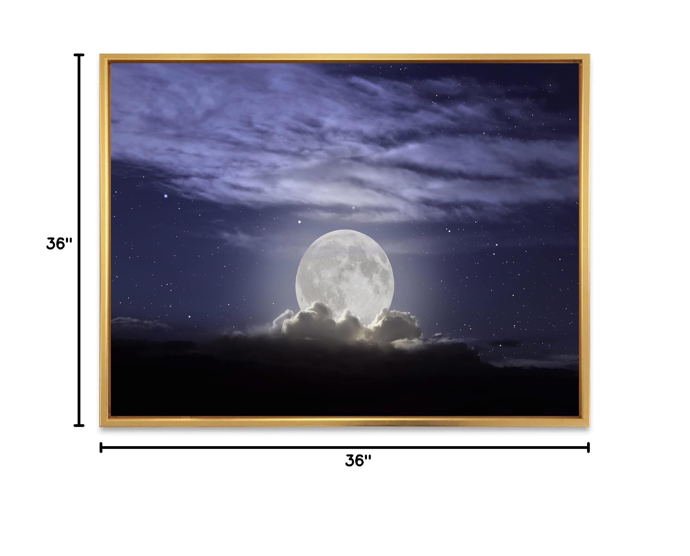 DesignQ Full Moon Rising in Cloudy Night - Coastal Framed Canvas Wall Art Print for Living Room, Bedroom & Office Decor