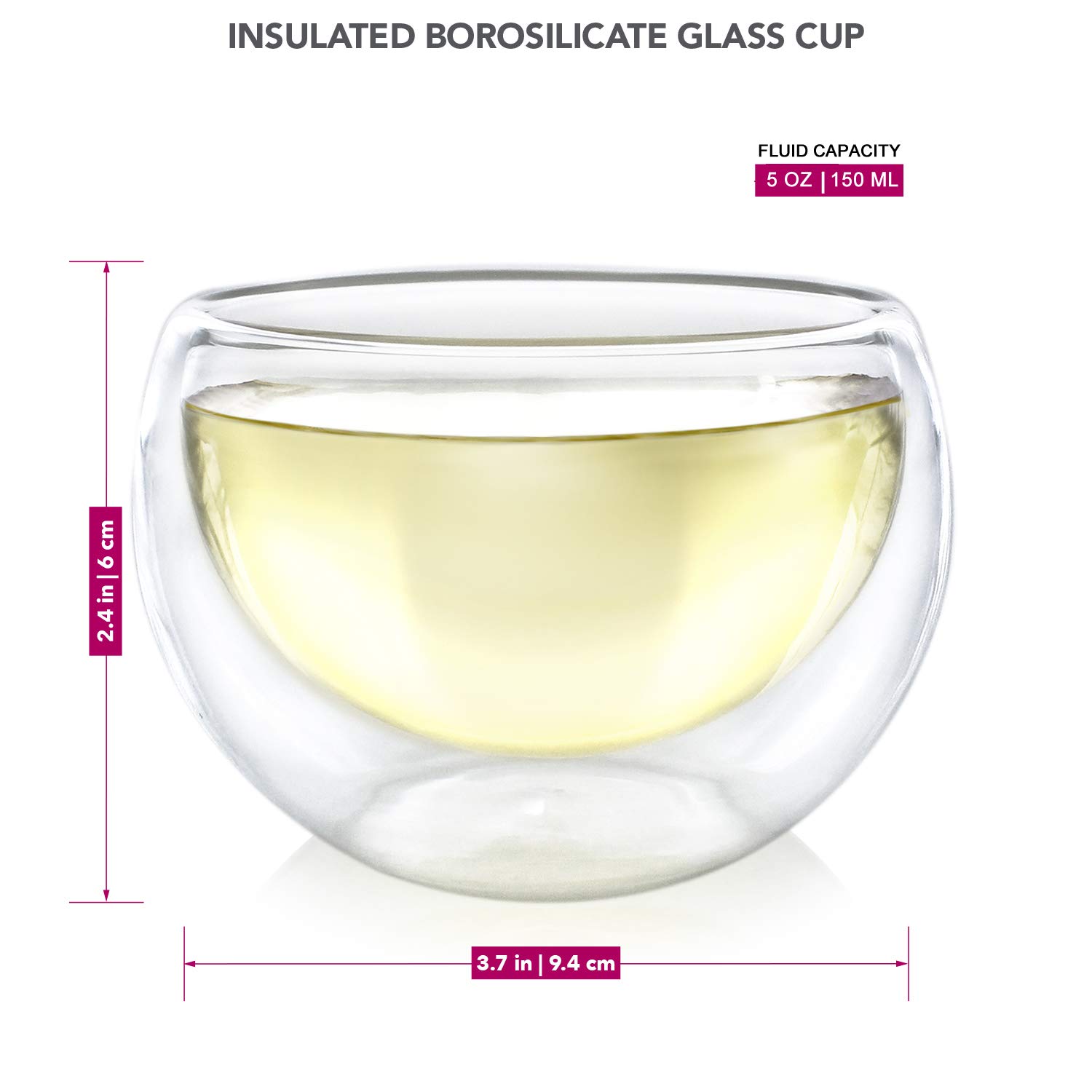 Teabloom Double Walled Glass Tea Cups (5 oz / 150 ml) - Set of 2 Insulated Glass Cups for Hot Tea, Iced Coffee, Espresso & Beverages - Classic Teacup Collection - Perfect for Home, Office & Gifts