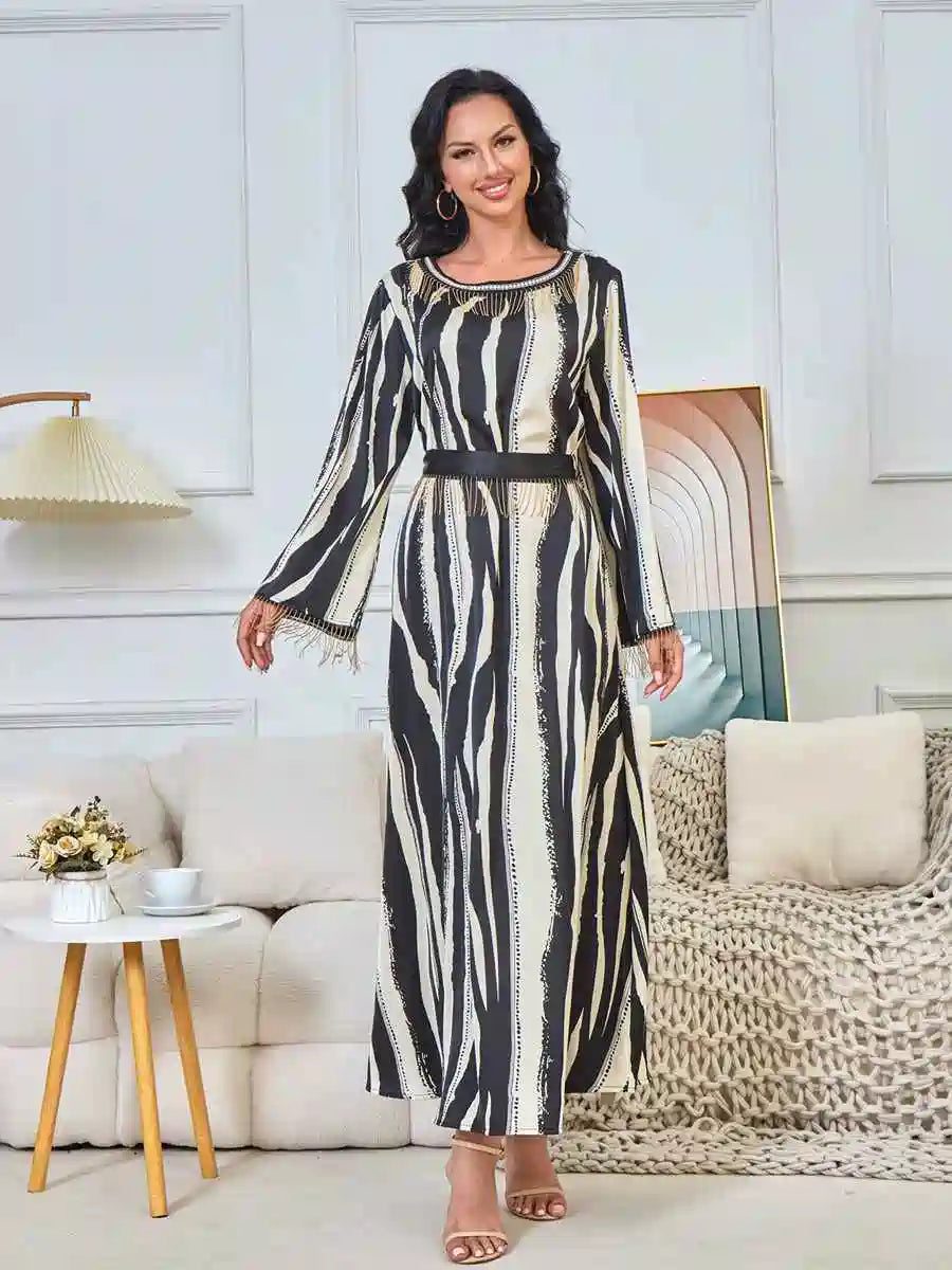 Elegant Eid Printed Tassel Caftan Dress for Women - Flowy Long Kaftan with Embroidery #25176 | Perfect for Eid Celebrations, Weddings & Special Occasions
