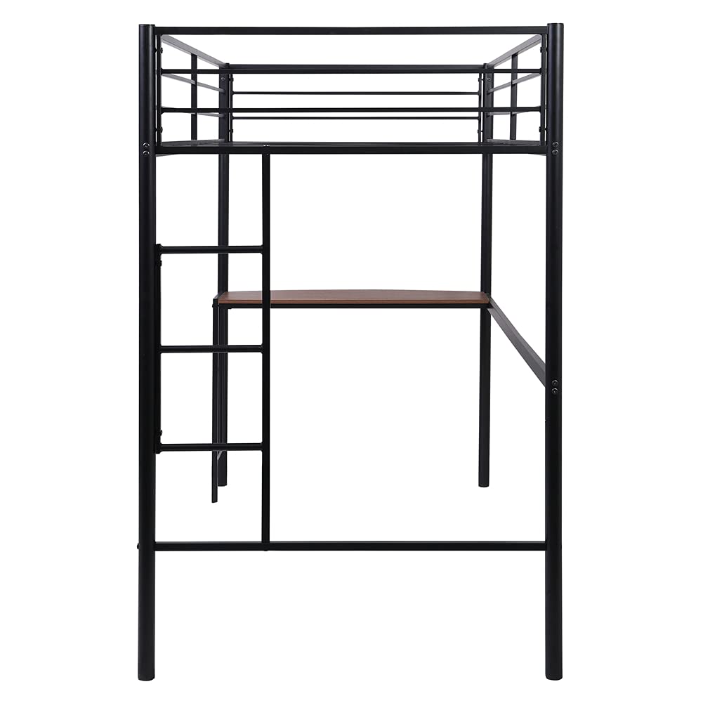 **Twin Size Metal Loft Bed with Desk & Guardrails - Space-Saving Kids Bed Frame with Built-in Ladder & Under-Bed Storage - Perfect for Small Rooms, Dormitories & Apartments (Black)**