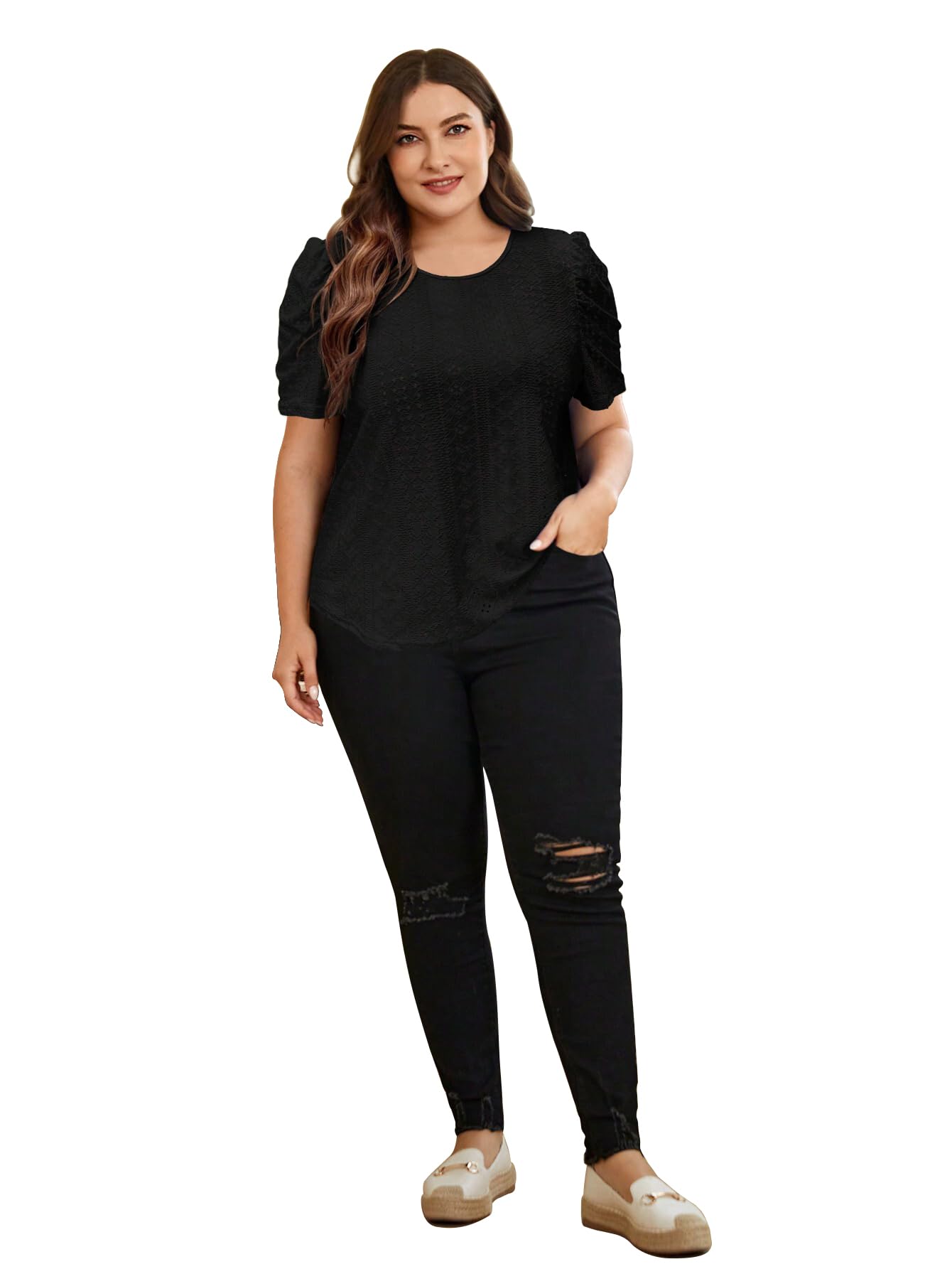 2025 Women's Plus Size Eyelet Embroidery Puff Sleeve Blouse - Soft Crew Neck Casual Loose Fit T-Shirt Top for Work, Date Night & Summer Outfits