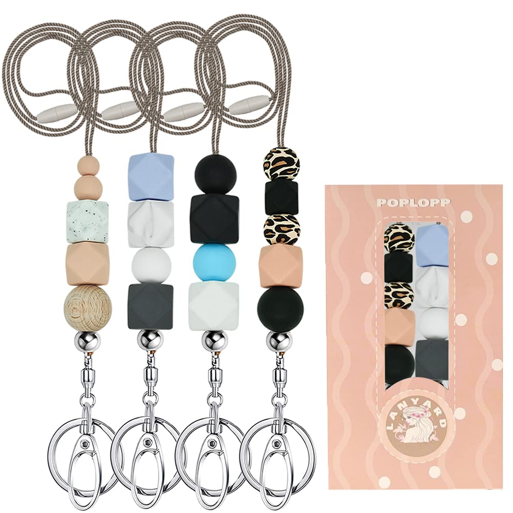 POPLOPP 4PCS Teacher Lanyards for ID Badges & Keys - Cute Silicone Beaded Lanyard for Women, Nurses, Employees, Students - Perfect for School, Hospital, Office & Work ID Cards