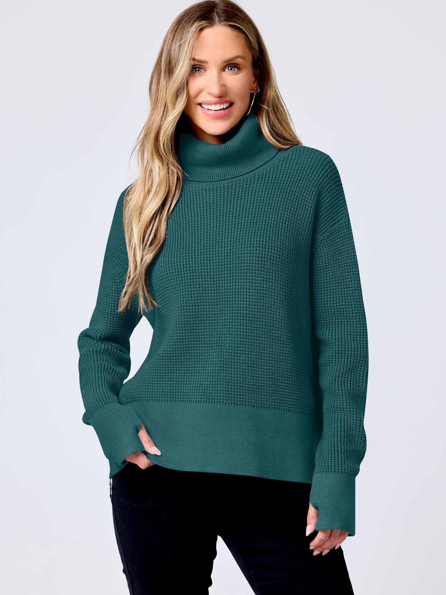 ANRABESS Women's Turtleneck Long Sleeve Sweater - Waffle Knit Casual Pullover with Side Zipper & Thumbholes | Cozy Fall Winter Outfits for Work, Date Night and Layering 2024