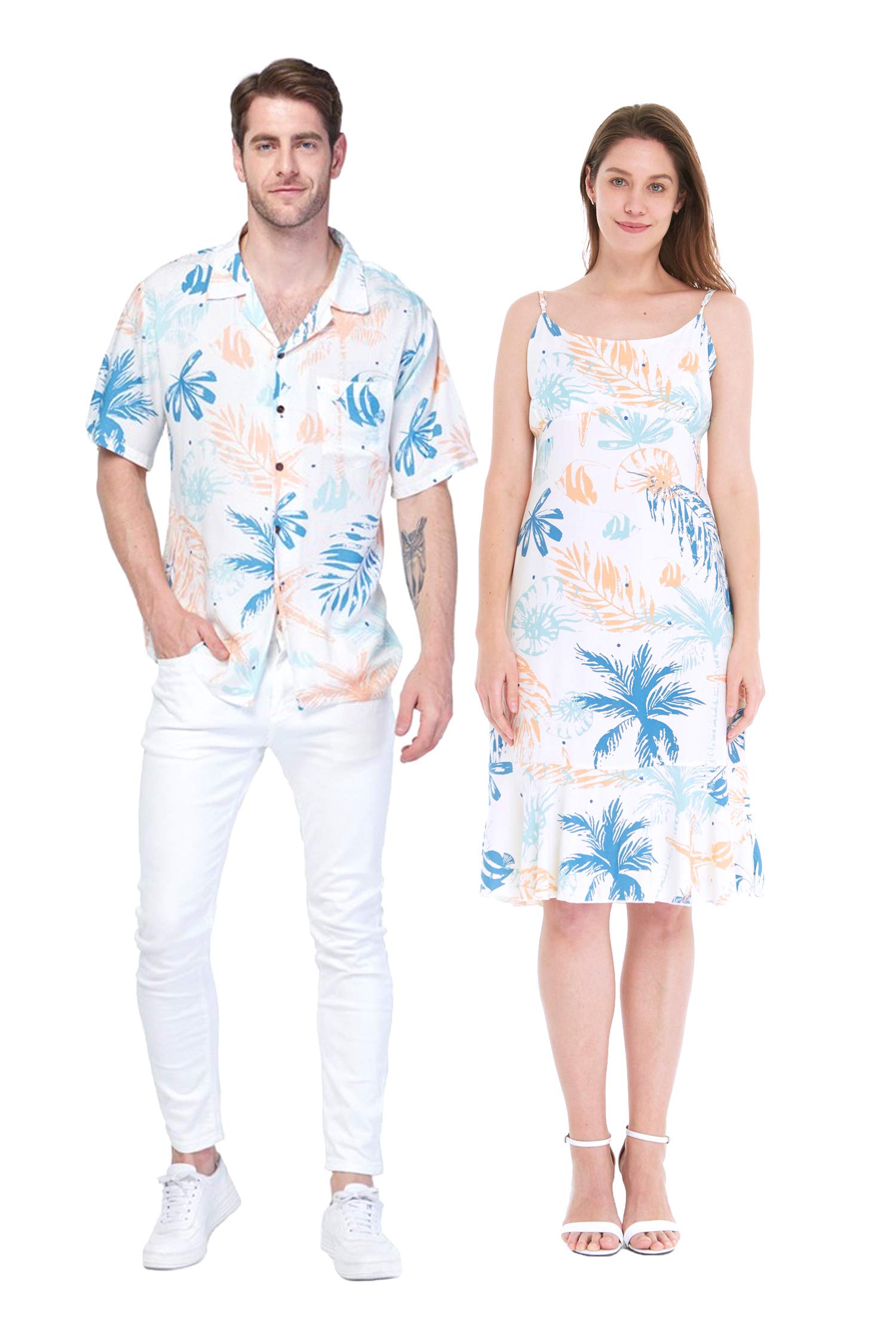 Stylish Matching Couple Hawaiian Luau Shirts & Mermaid Ruffle Dresses - Tropical Beachwear for Vacation, Party & Photo Shoots | Perfect for Beach Weddings, Luau Parties & Tropical Getaways