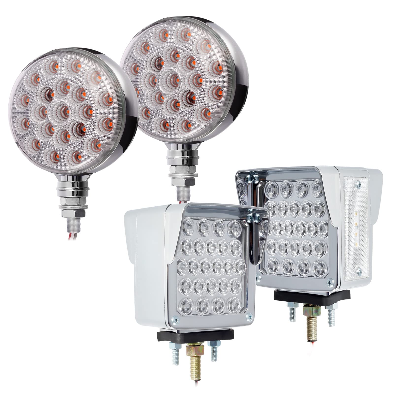 Partsam 2Pcs Round & 2Pcs Square LED Truck Pedestal Lights Kit - Clear Lens, Double Face Turn Signal Lights (42LED + 52LED) with Chrome Visor - Perfect for Semi Trucks, Trailers & Heavy Duty Vehicles