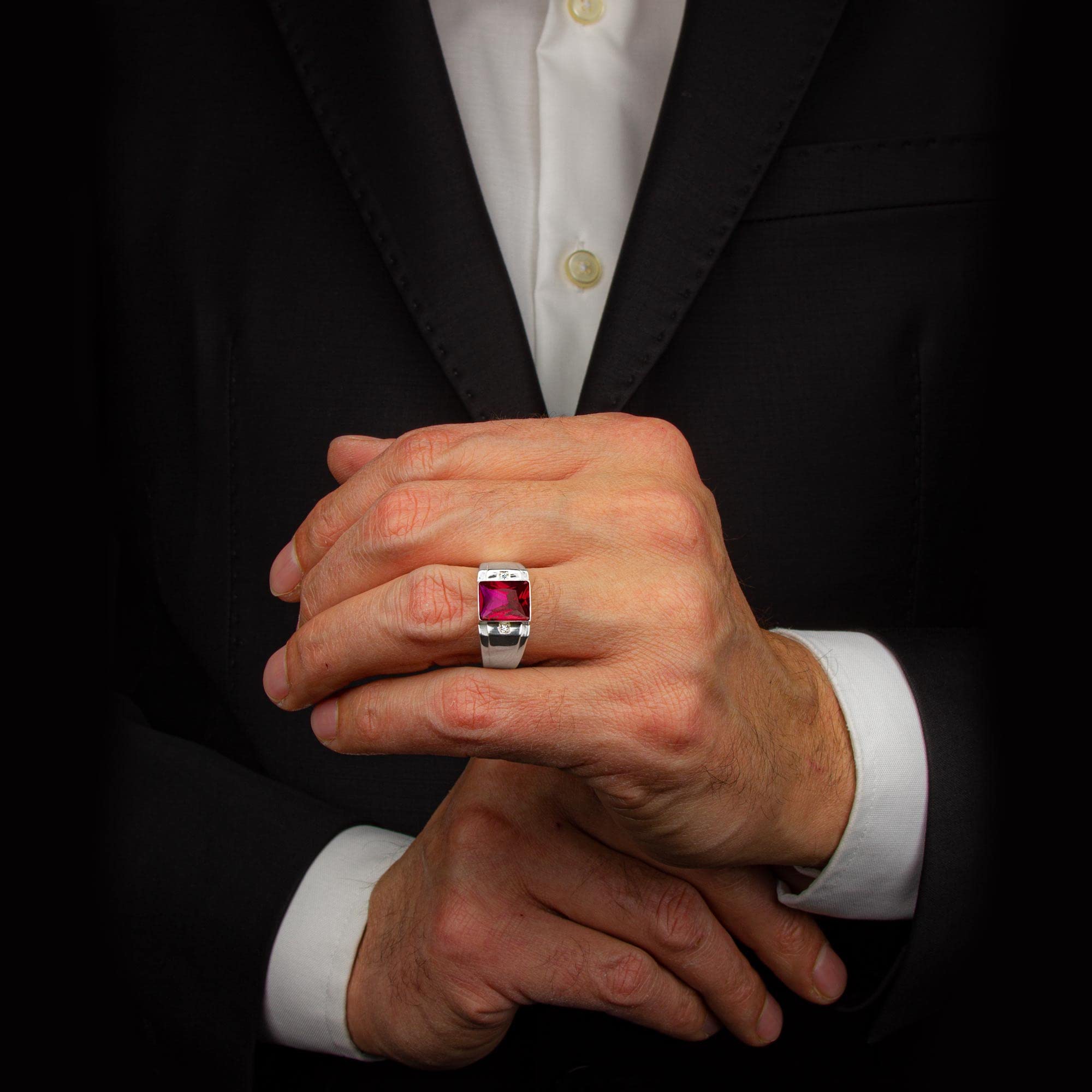 Blake's Sterling Silver Men's Ring with 2 Diamond Accents & Baguette Sapphire/Emerald/Ruby/Citrine/Amethyst/Topaz Options - Size 5-15 - Luxury Men's Jewelry Gift for Anniversary, Wedding, Birthday & Special Occasions