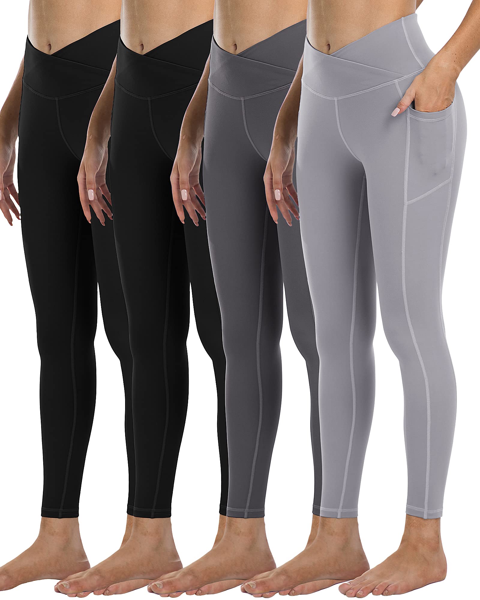 YOUNGCHARM Women's High Waist Tummy Control Yoga Pants with Pockets - 4 Pack Workout Leggings for Running, Gym & Lounge Wear