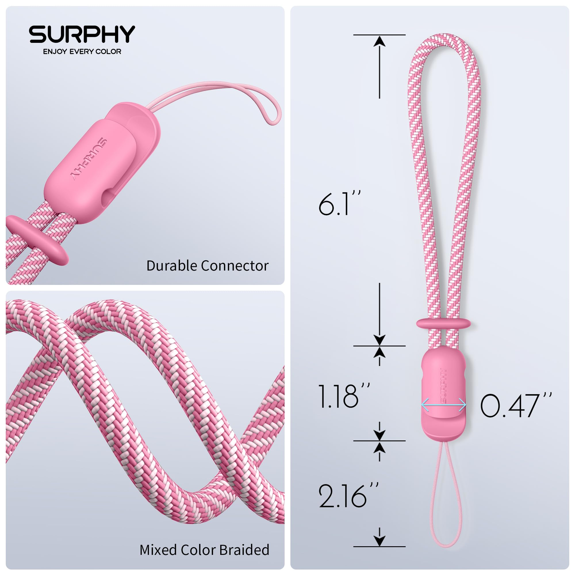 SURPHY 2 Pack Braided Phone Lanyard with Wrist Strap - Anti-Theft Phone Charm for Women & Men (Rose Pink & Gray) - Perfect for Travel, Concerts, and Outdoor Activities