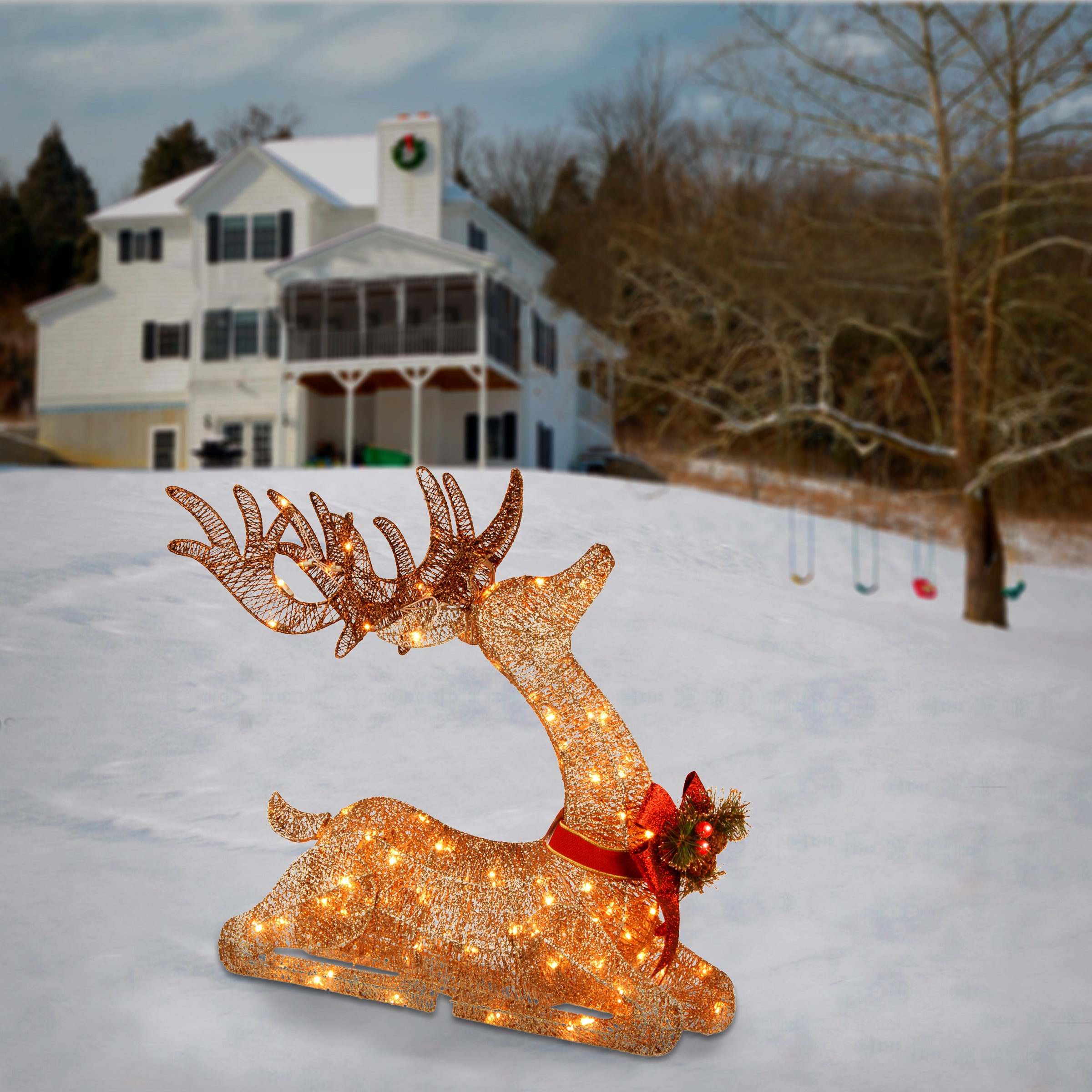 31 Inch Sisal Splendor Champagne Lying Deer Statue - Elegant Home Decor for Living Room, Bedroom, or Office