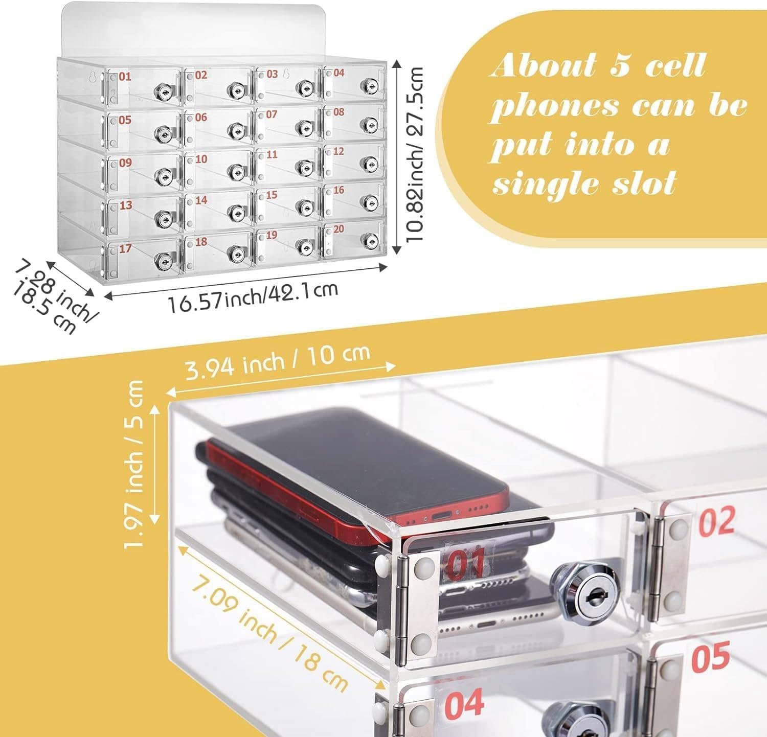 20/25/30 Slots Acrylic Cell Phone Locker Box with Digital Code Lock - Wall Mounted Phone Storage Organizer for Office, Classroom & Factory Use - Secure Mobile Device Management Solution