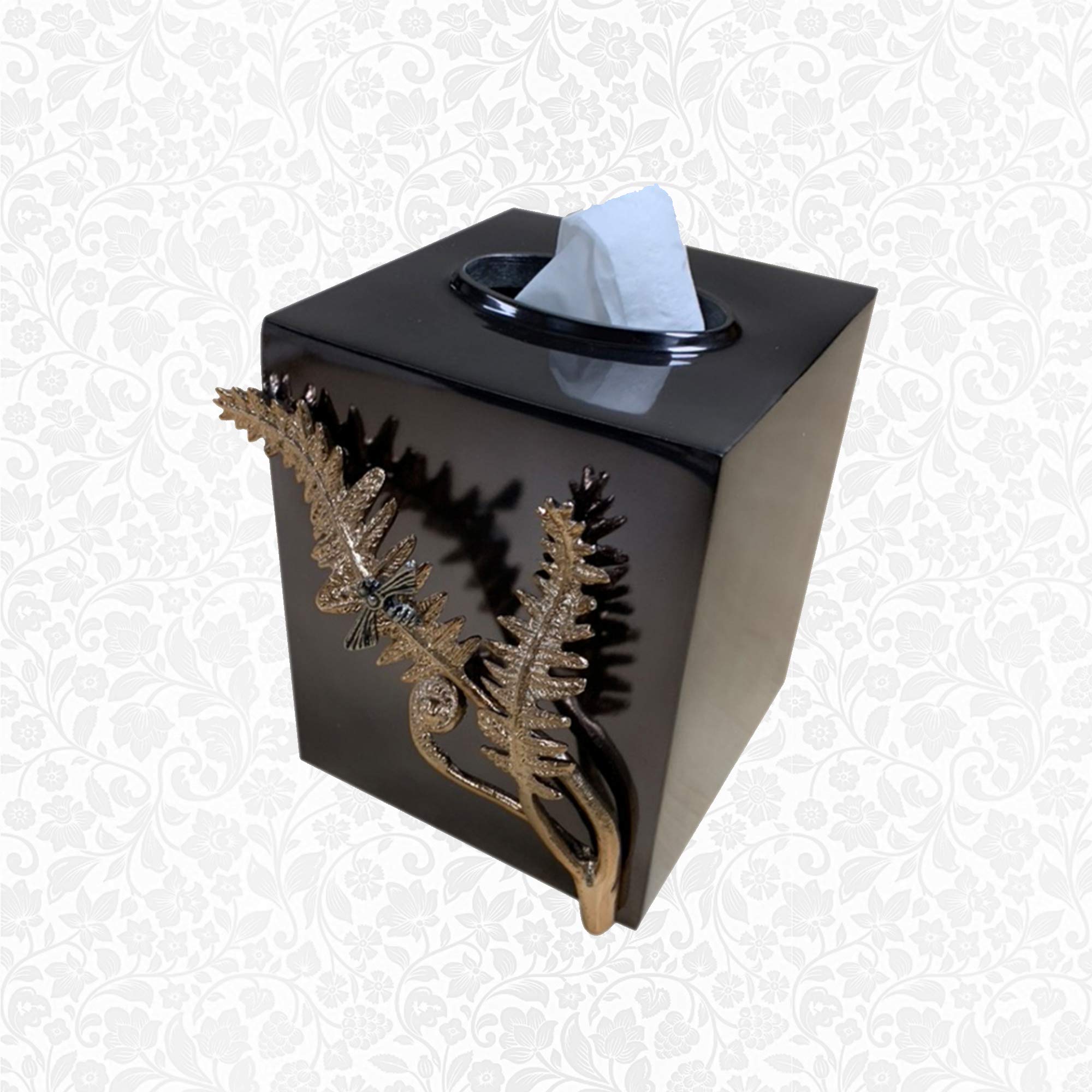 Vintage Gold & Black Chrome Tissue Box Cover - Aluminum & Brass Toilet Paper Holder for Bathroom, Kitchen, Bedroom Decor - The Fern Collection | Elegant Home Accessory for Countertops & Vanities