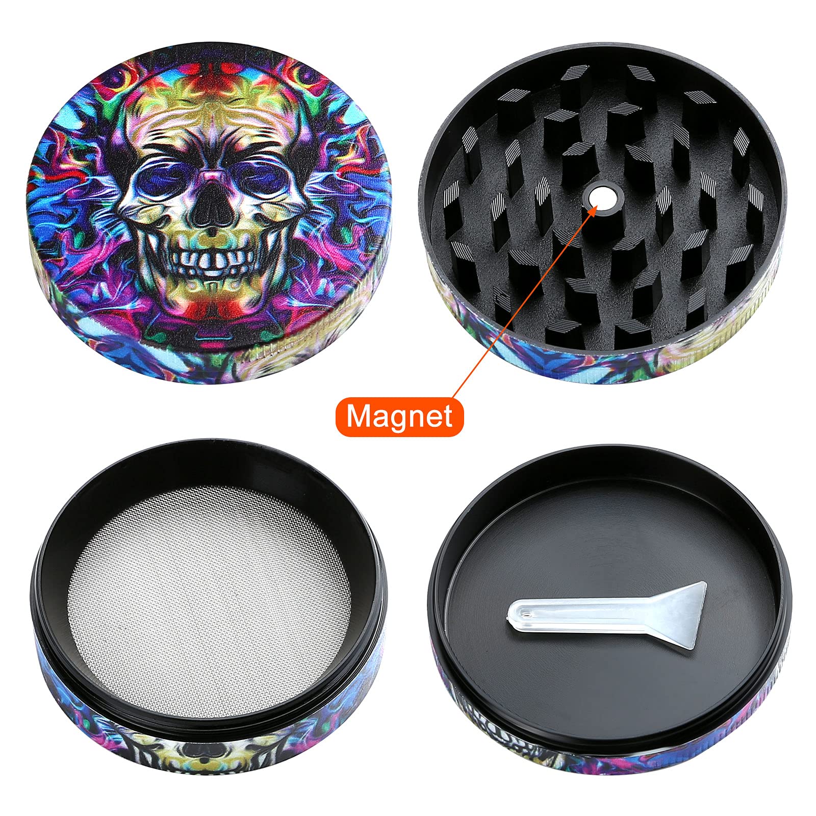 LIHAO 2 Inch 4 Layer Zinc Alloy Herb Grinder with Blue Skull Design - Perfect for Halloween Decor, Day of The Dead Party Supplies & Smoking Accessories