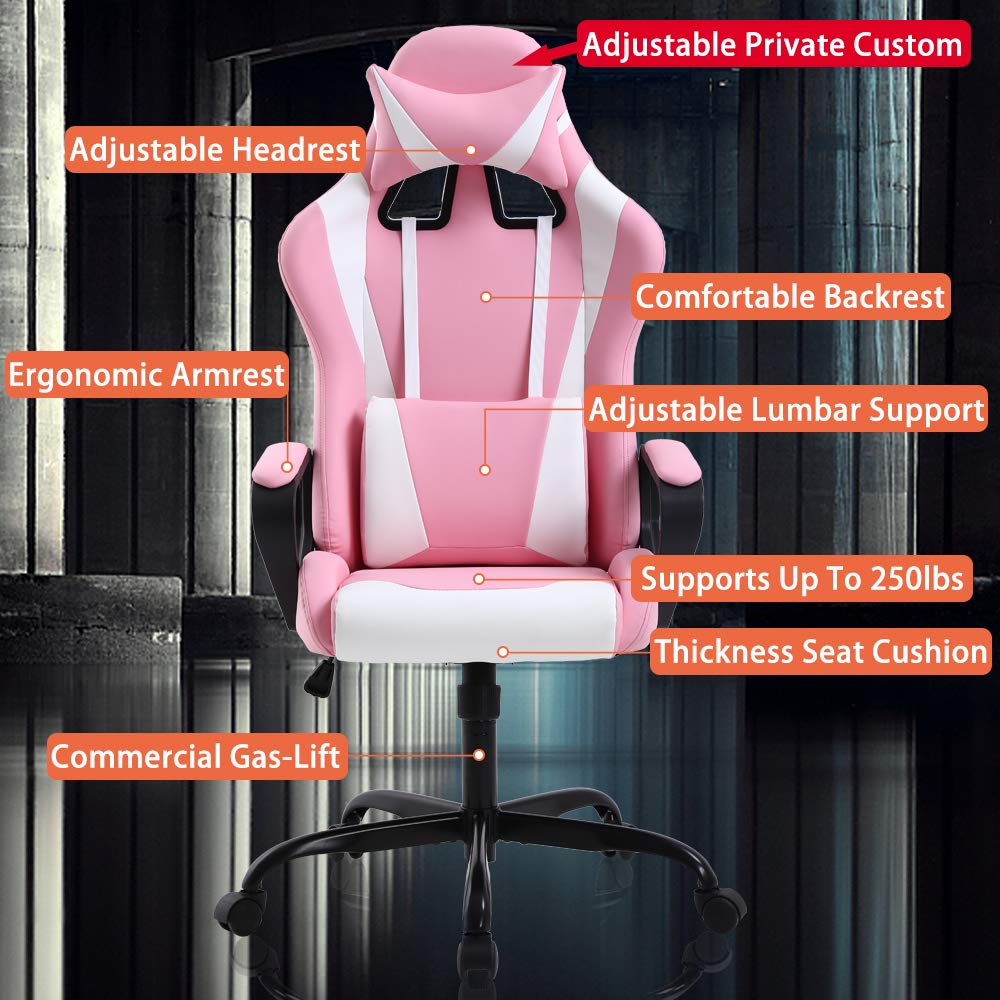 Premium Ergonomic Gaming Chair - Adjustable Racing Office Chair with Lumbar Support & Headrest for Back Pain Relief, Swivel Rolling Computer Desk Chair for Men & Women, Pink - Perfect for Esports, Gaming & Home Office Workspace