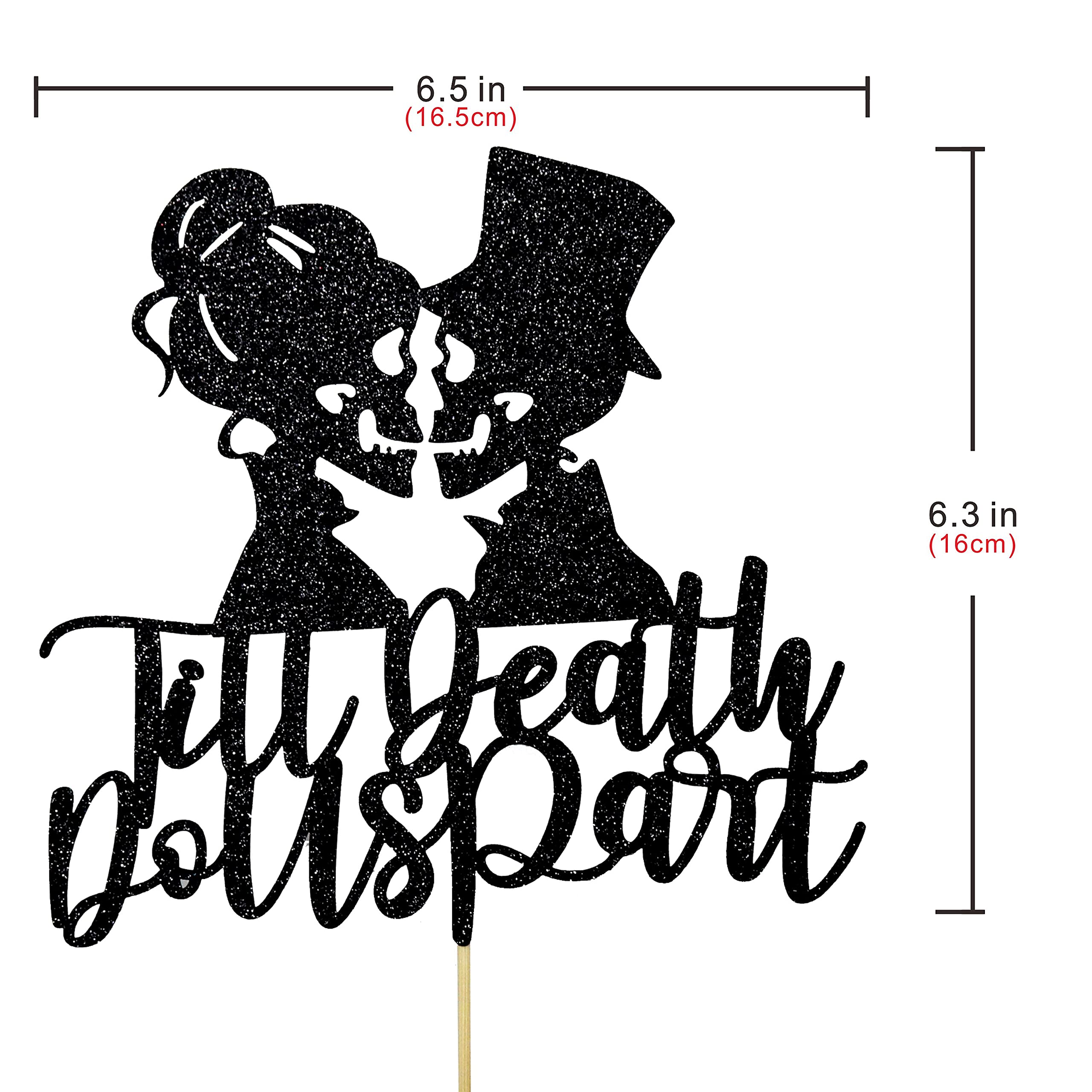 Black Glitter Skull Couple Cake Topper - 'Till Death Do Us Part' Wedding Cake Decoration for Halloween, Gothic, and Dark Romance Themed Parties - Perfect for Anniversary, Birthday, and Gothic Wedding Celebrations