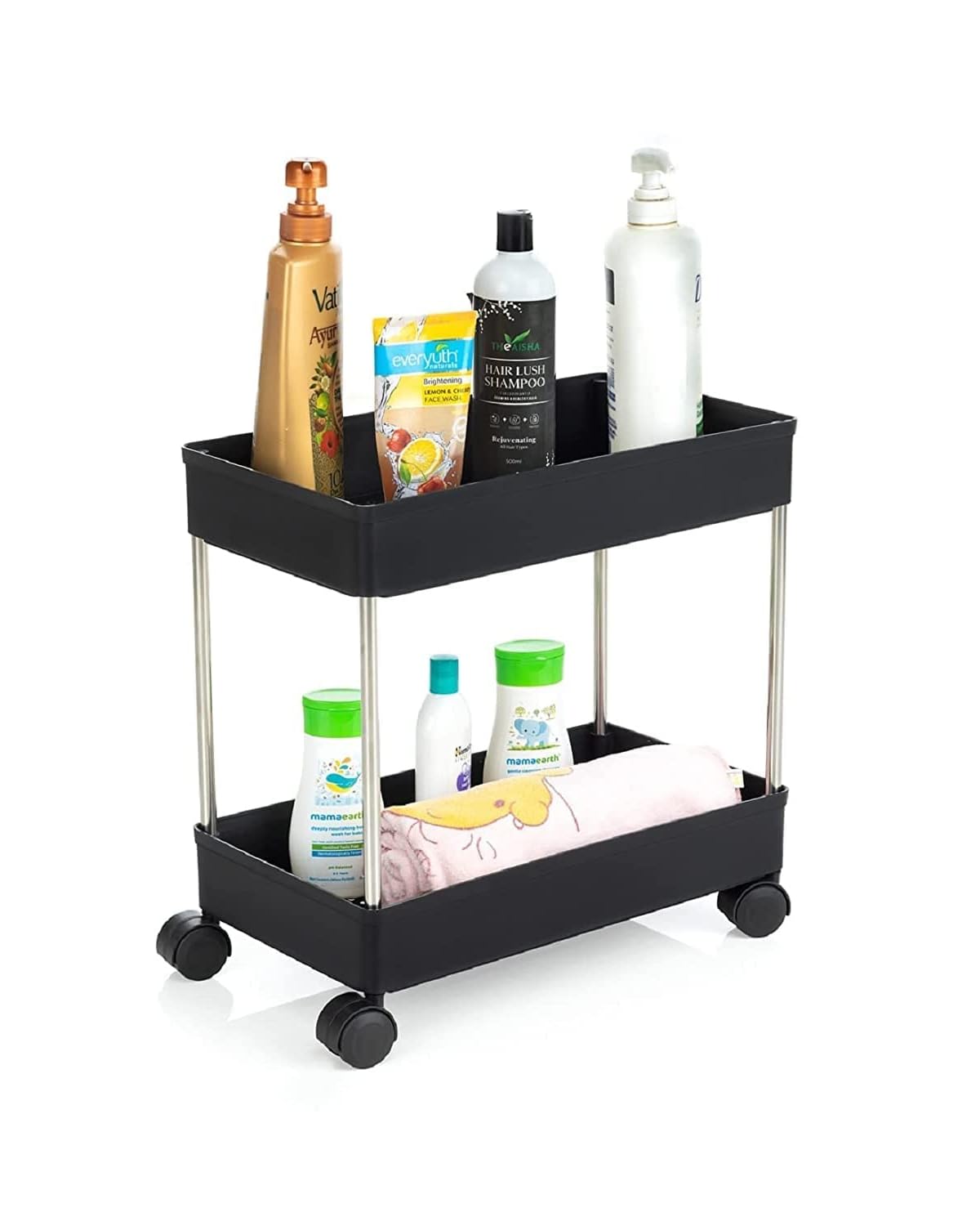 2-Tier Rolling Kitchen Cart with Wheels - Space Saving Storage Organizer for Vegetables, Fruits, Pantry Items - Perfect for Kitchen, Living Room, Bedroom & Office (Black) | Compact Mobile Shelf for Small Spaces & Home Organization