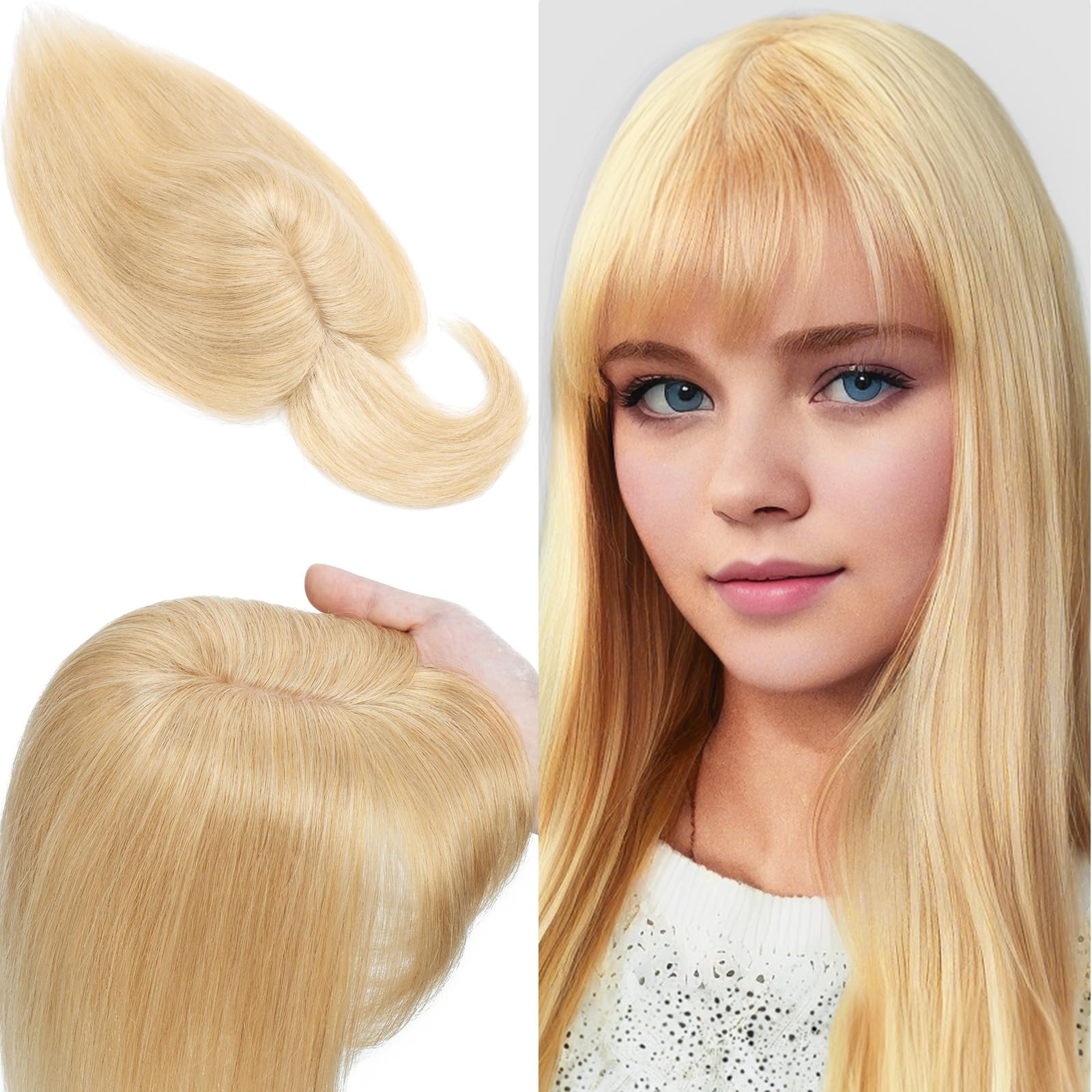 SEGO 100% Real Human Hair Toppers with Bangs - Silk Base 150% Density Clip-in Hairpiece (2.7”x5.1”) for Women with Thinning Hair & Hair Loss | Covers Gray Hair | Perfect for Daily Wear, Special Occasions & Hair Volume Enhancement