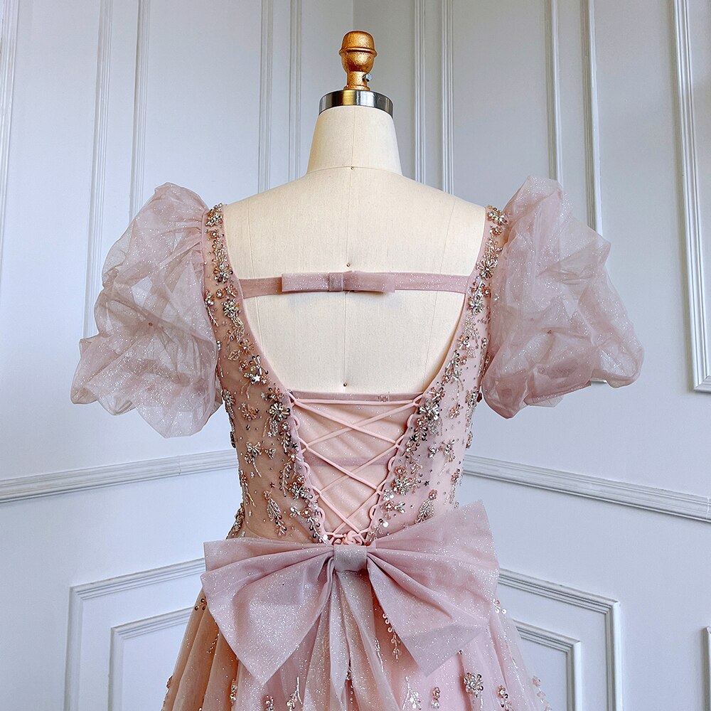 Serene Hill Pink Luxury A-Line Beaded Lace-Up Short Sleeve Evening Dress for Women - Perfect for Cocktail Parties, Proms & Formal Events 2025