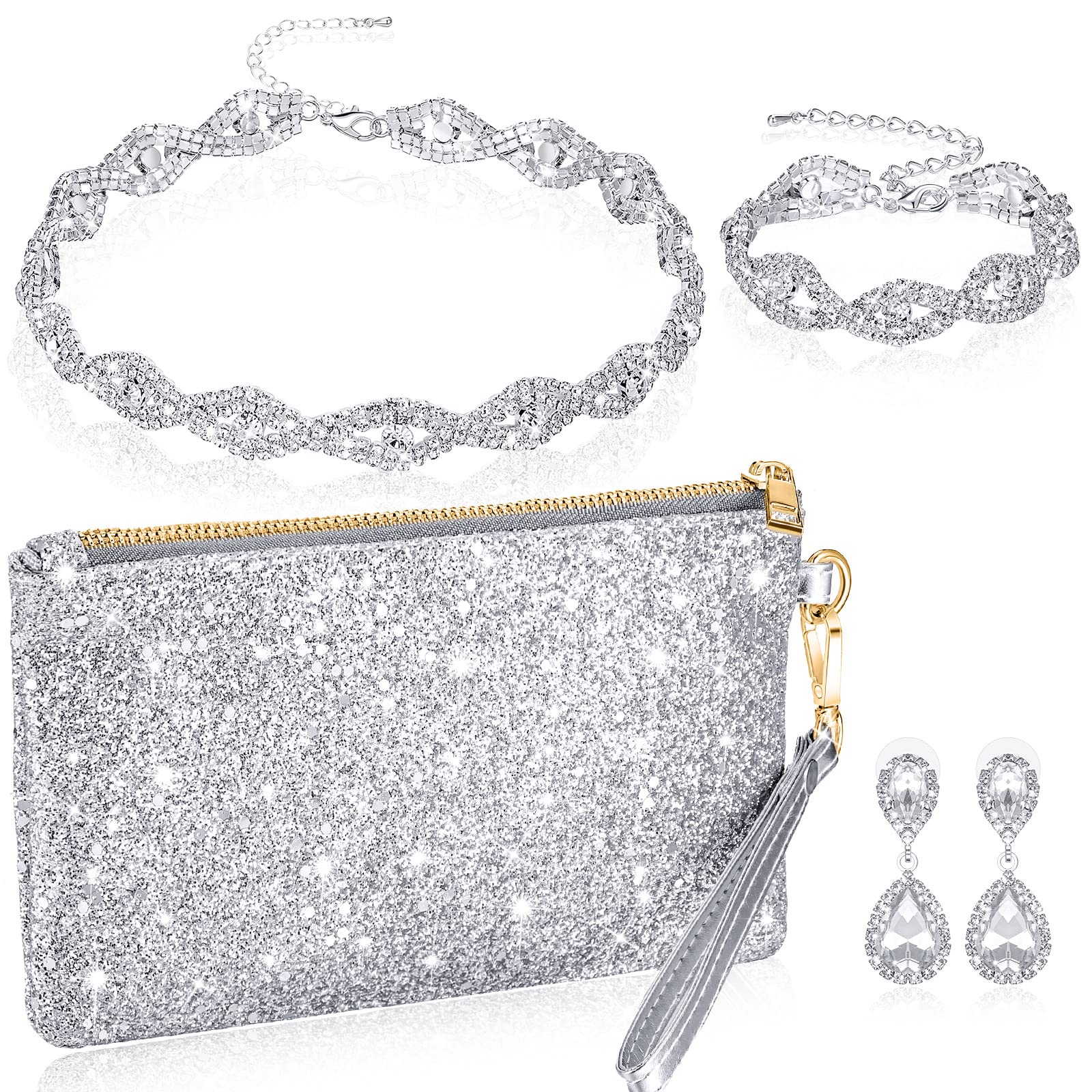 Sanwuta 4 Pcs Silver Clutch Purses for Women - Rhinestone Jewelry Set with Necklace, Earrings & Bracelet - Elegant Evening Prom Accessories for Parties, Weddings & Special Occasions