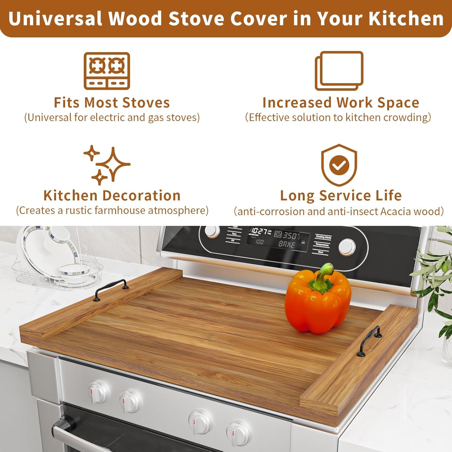 22x30 Inch Acacia Wood Noodle Board Stove Cover with Handles - Protective Stovetop Cover for Electric & Gas Ranges - Perfect for Kitchen Counter Protection & Serving Tray