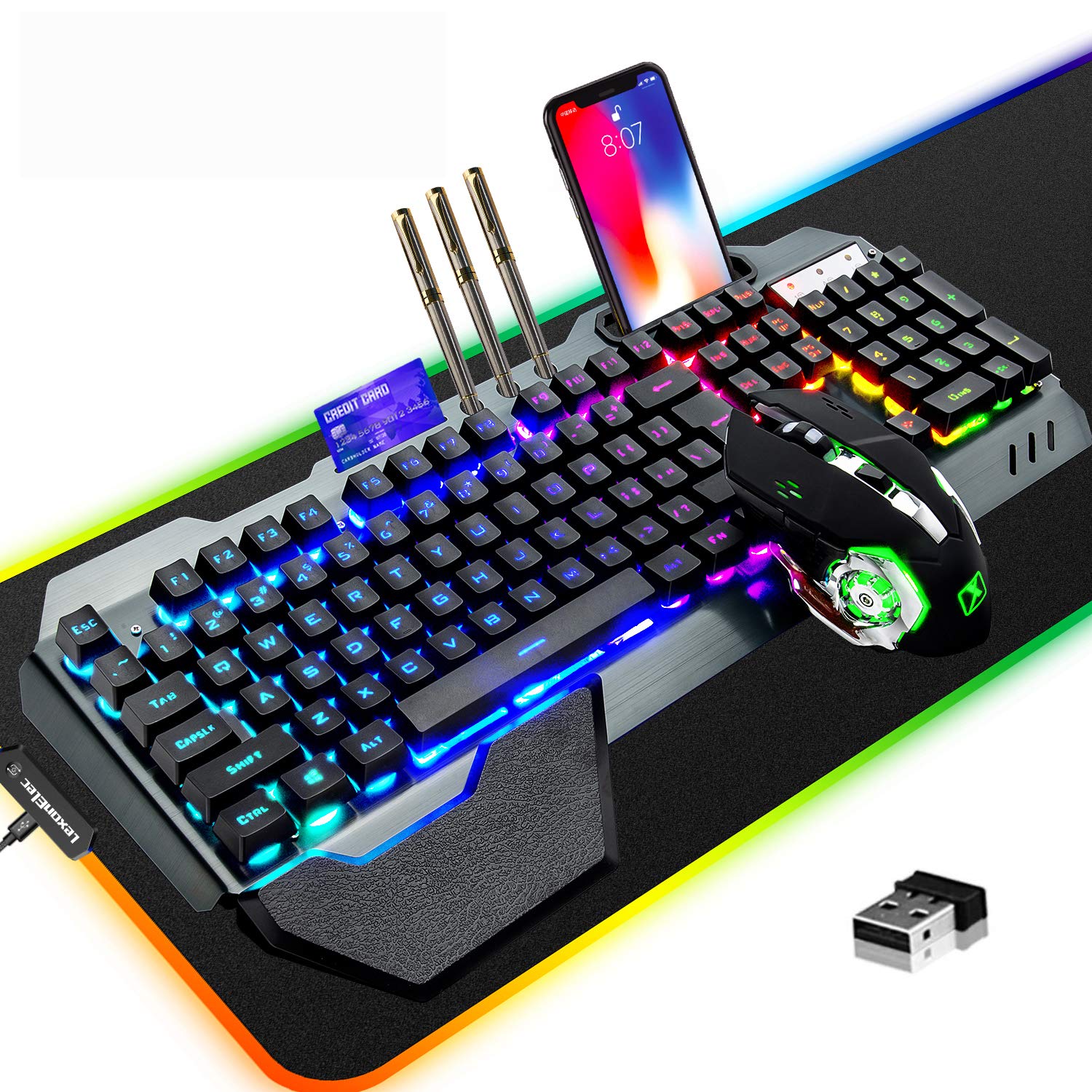 Wireless Gaming Keyboard and Mouse Combo with RGB Backlit, Rechargeable 3800mAh Battery, Metal Panel & Removable Wrist Rest - Includes Large RGB Gaming Mousepad (32.5x12 Inch) for PC, Laptop, PS4, PS5 - Perfect for Esports, Streaming & Office Work